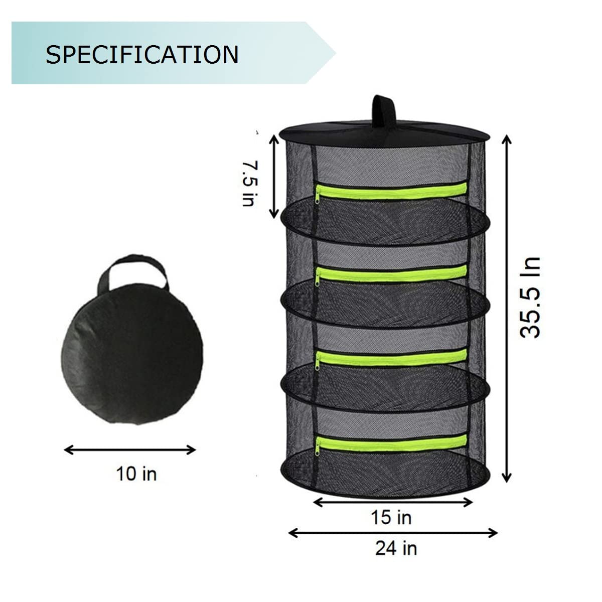 2FT Herb Drying Rack with Zippers - 4 Layer Collapsible Mesh Plant Dryer for Hydroponics | Hanging Herb Dry Net for Kitchen, Garden & Indoor Plant Care (Black)