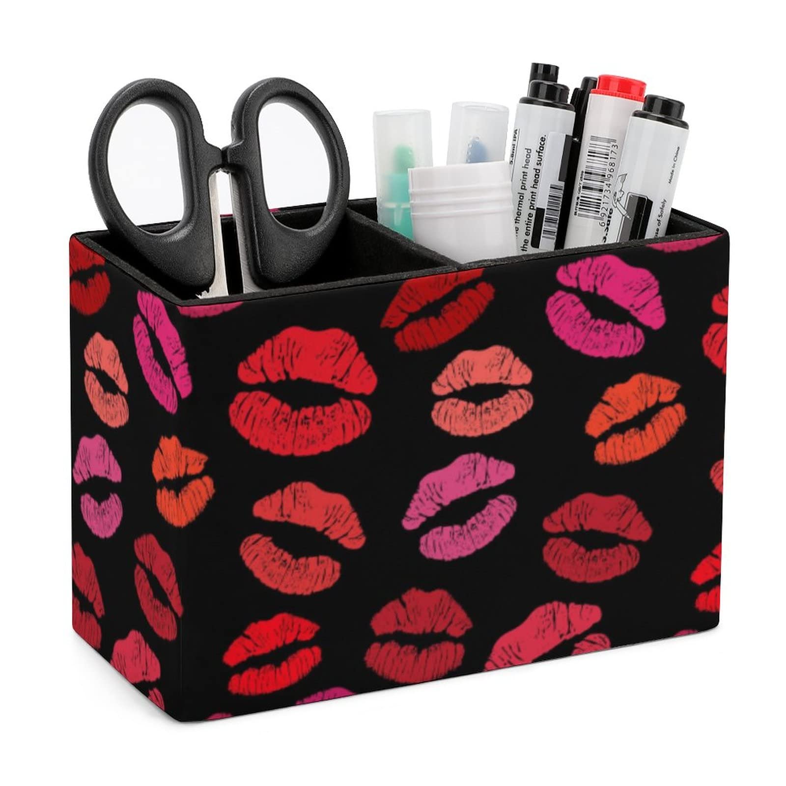 Red Lipstick Kiss Pen Holder - Leather Desk Pencil Organizer for Office, School & College | Stylish Makeup Brush & Pen Storage | Perfect for Workstations, Study Desks & Vanity Tables