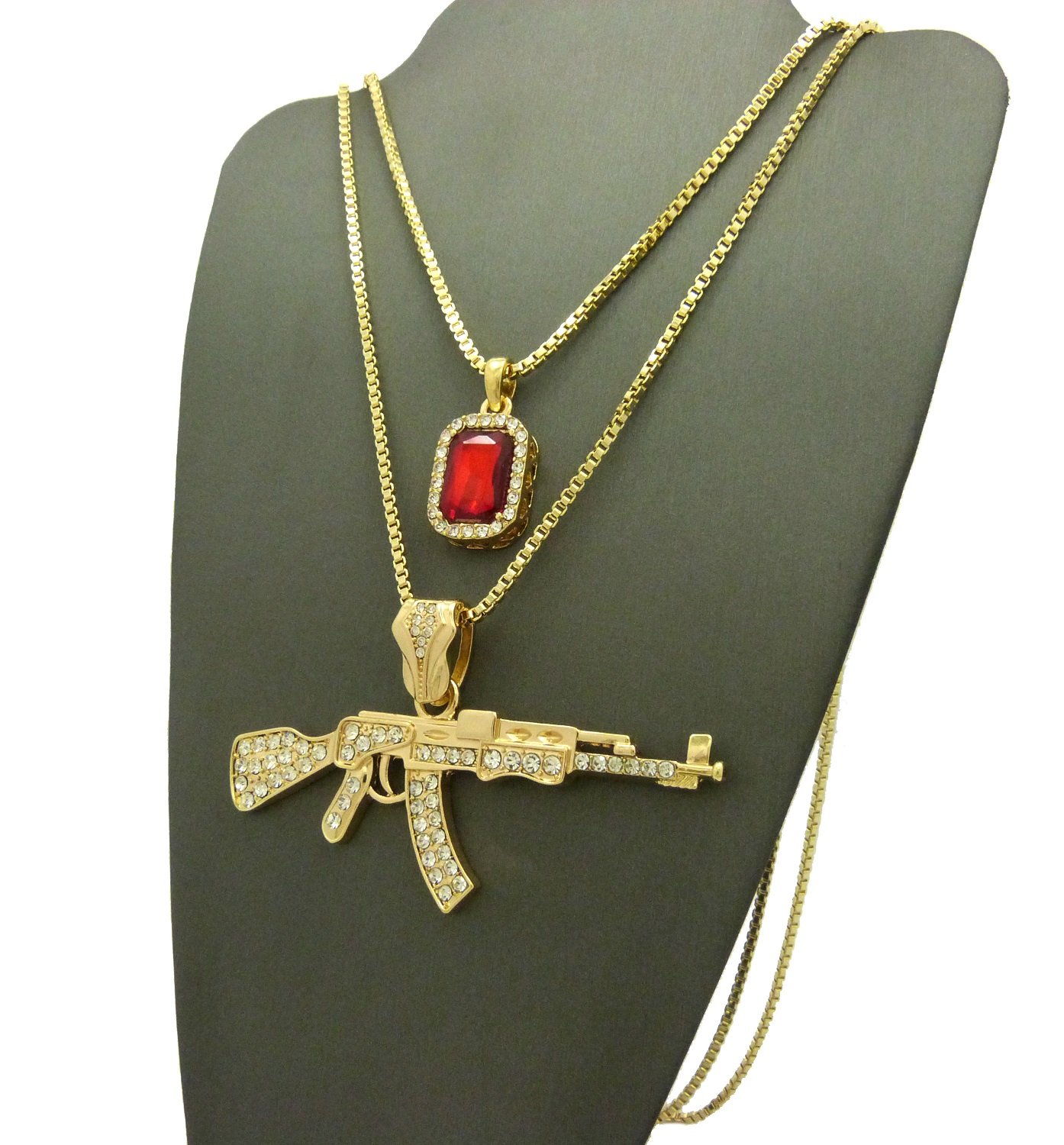 24K Gold Plated AK47 Machine Gun Pendant Necklace Set with Iced Out Gemstones - 24