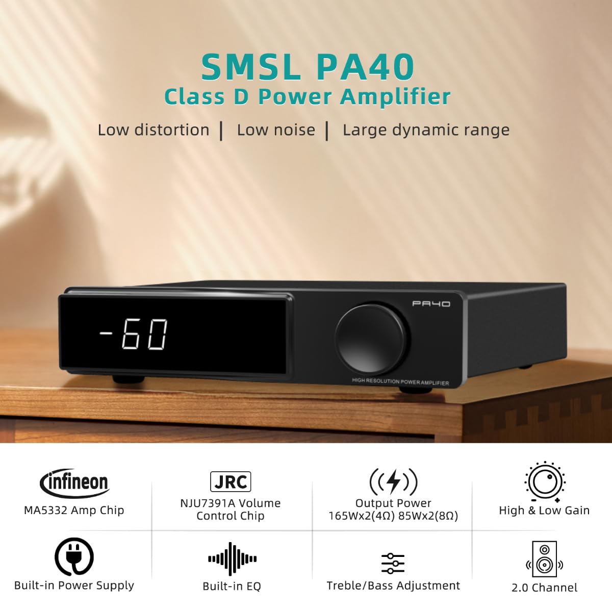 SMSL PA40 Class D Power Amplifier - 165W x 2 Stereo HiFi Audio Amplifier with MA5332 Chip, EQ, Bass & Treble Control, Built-in Power Supply for Passive Speakers - Perfect for Home Theater, Studio Monitor, and Audiophile Sound Systems