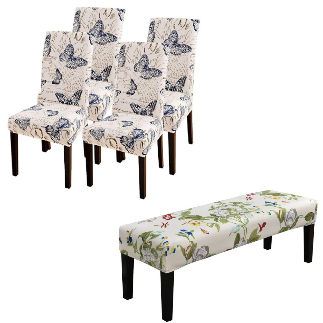 SearchI 4-Piece Butterfly Dining Chair Covers Set with Beige Flower Upholstered Bench Slipcover - Stretchable Spandex Fabric for Kitchen, Dining Room, and Party Decor