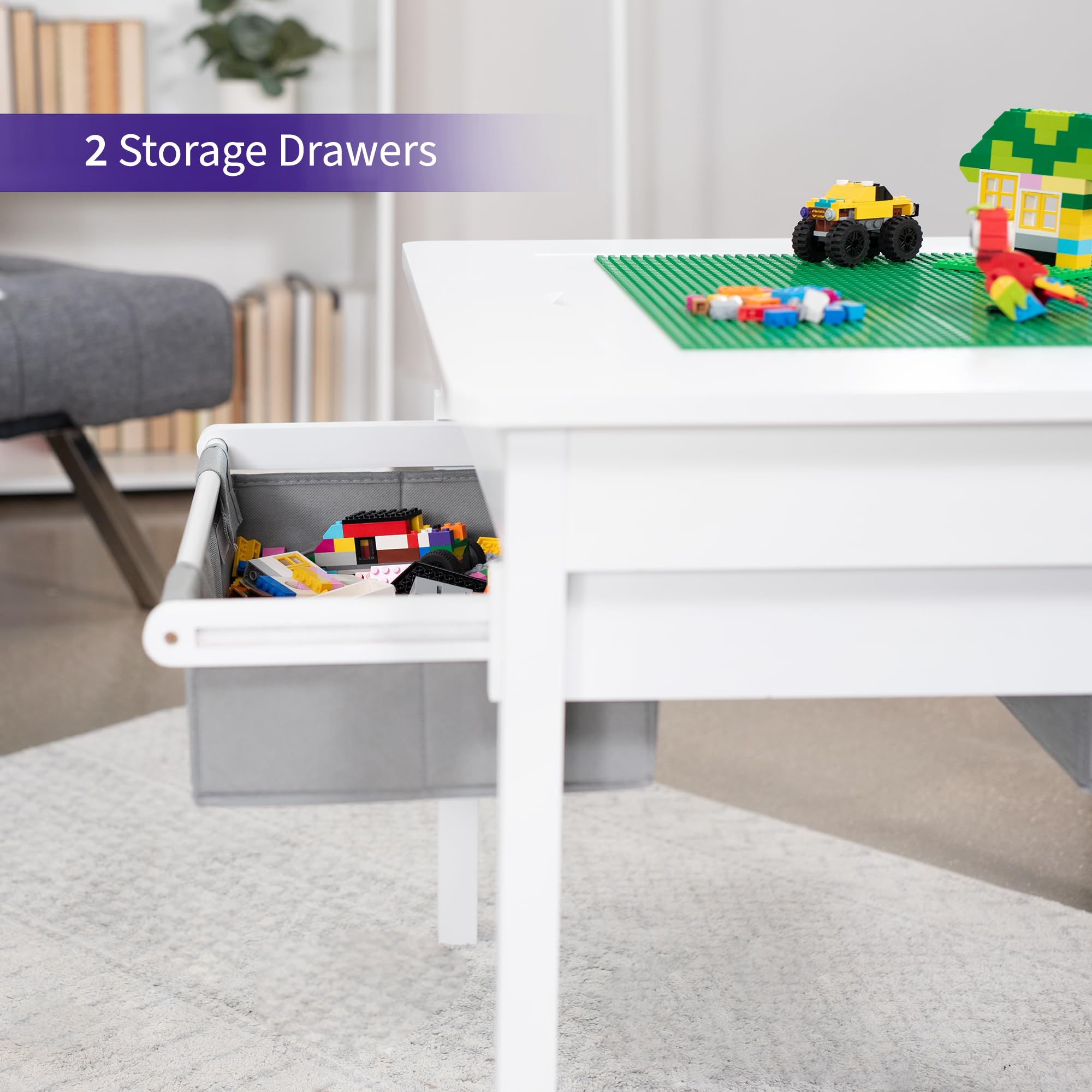 2-in-1 Kids Construction Play Table for Lego & Building Bricks - Reversible Table Top with Interlocking Surface, Storage Drawers, White (LF-LTB01) - Perfect for Creative Play, STEM Learning & Toddler Playroom Organization
