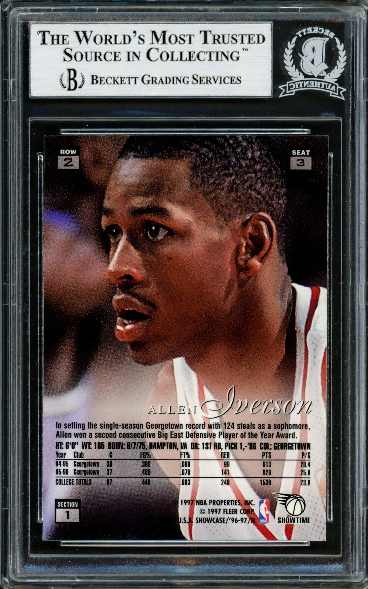 Allen Iverson Autographed 1996-97 Flair Showcase Row 2 Rookie Card #3 - Philadelphia 76ers - Beckett BAS #14134139 - Perfect for NBA Memorabilia Collectors & Sports Fans Display