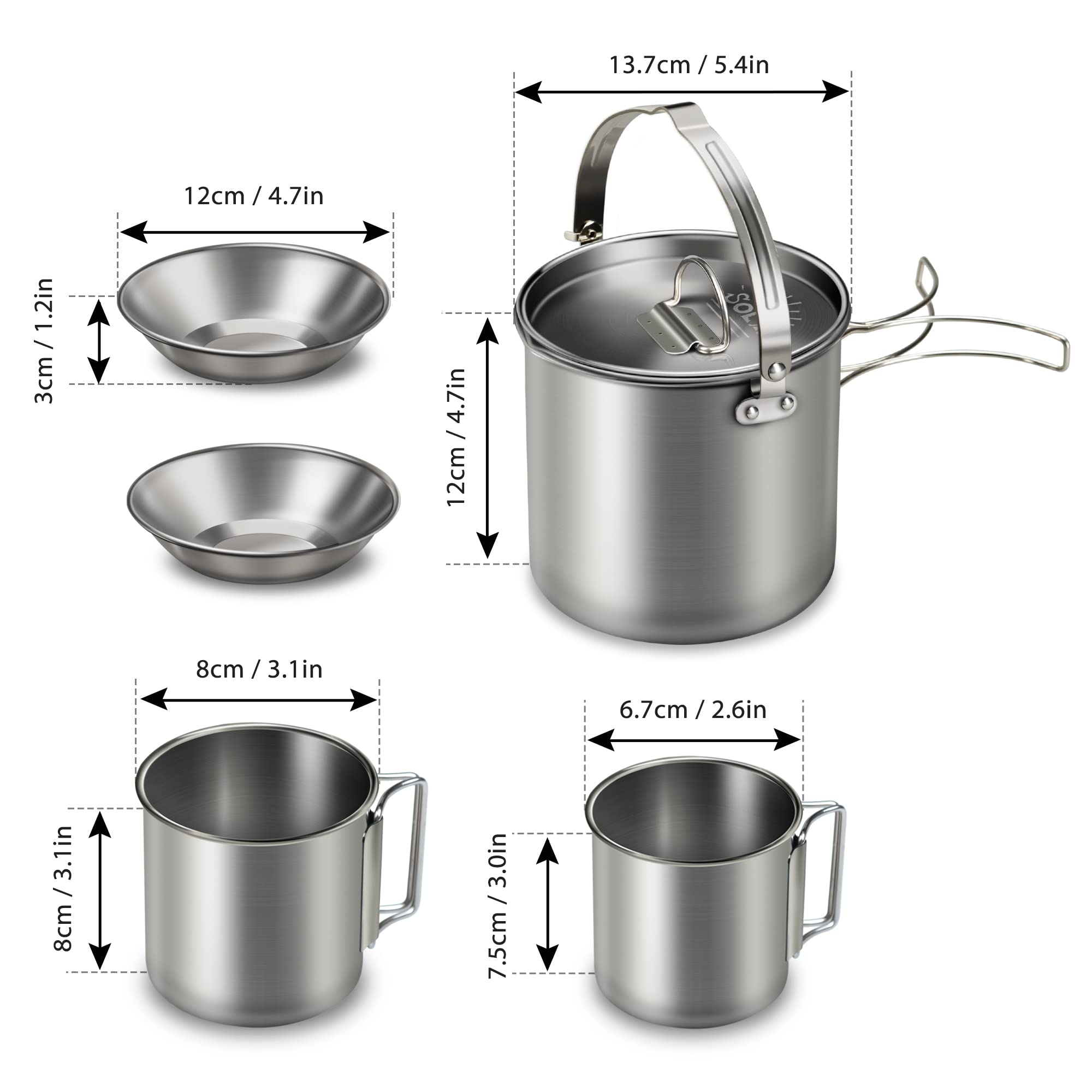 Lixada 5-Piece Stainless Steel Camping Cookware Set - Portable Kettle with 2 Cups, 2 Bowls & Foldable Handles - Perfect for Camping, Hiking, Picnics & Outdoor Adventures - Ideal for Boiling Water, Making Coffee, Tea & Cooking Meals in Nature