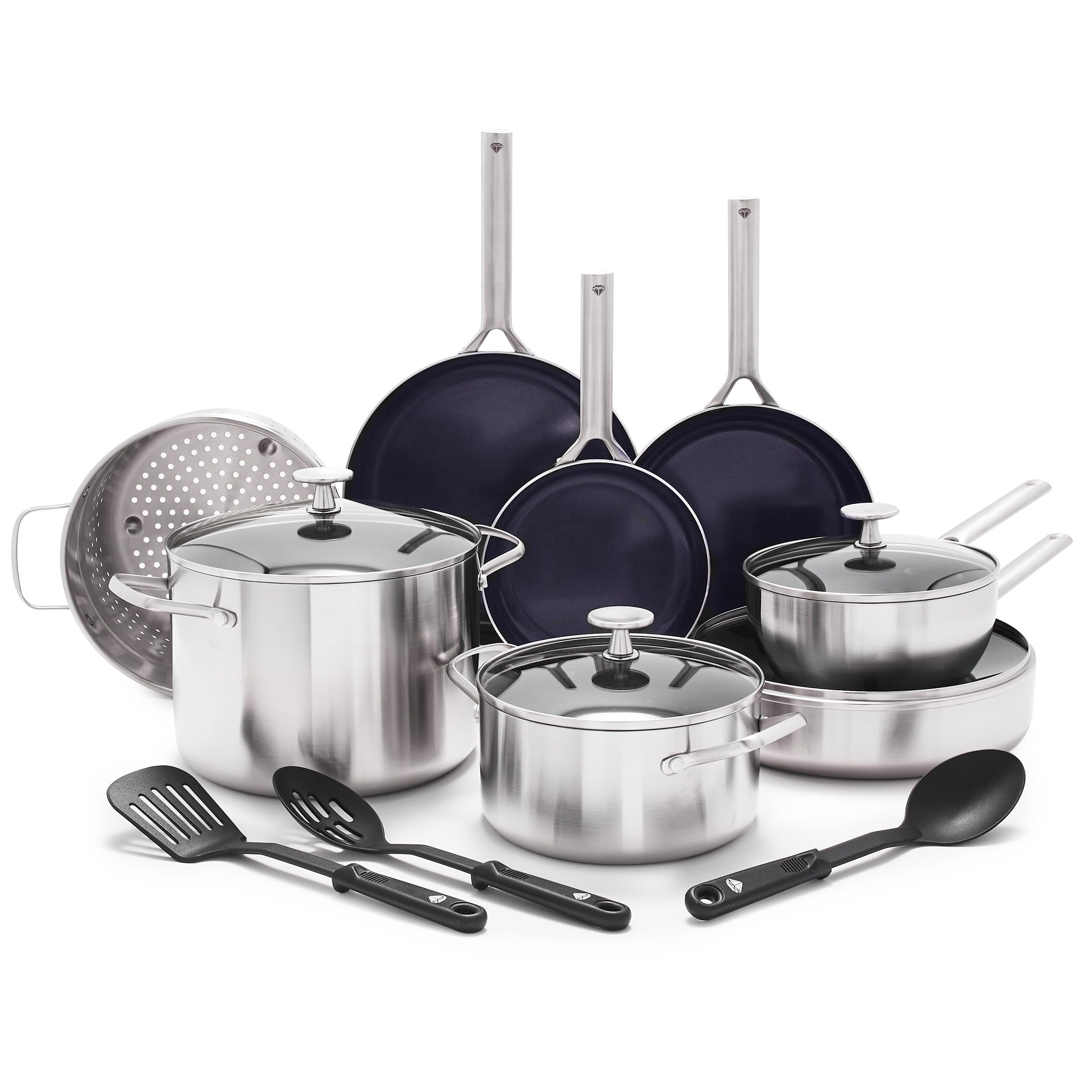 Blue Diamond 15-Piece Tri-Ply Stainless Steel Cookware Set - Healthy Ceramic Nonstick, Induction Compatible Pots & Pans | PFAS & PFOA-Free, Dishwasher & Oven Safe up to 600°F, Metal Utensil Friendly | Perfect for Everyday Cooking, Family Meals & Professional Kitchens