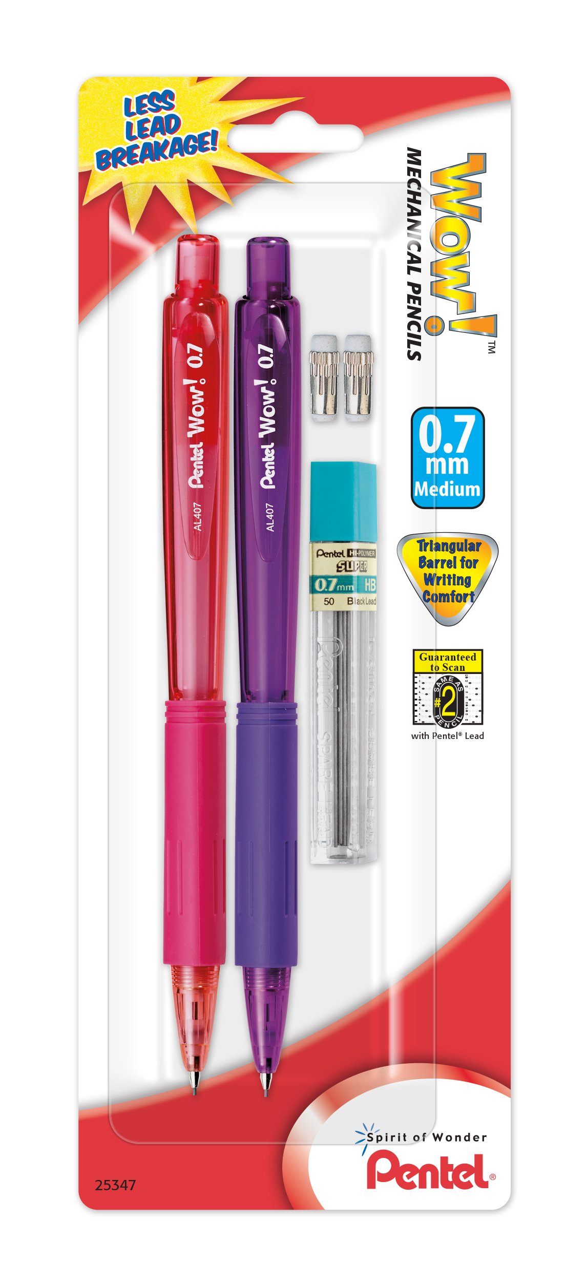 Pentel Wow 0.7mm Mechanical Pencil Set - 2 Pencils with Lead & Erasers for School & Office