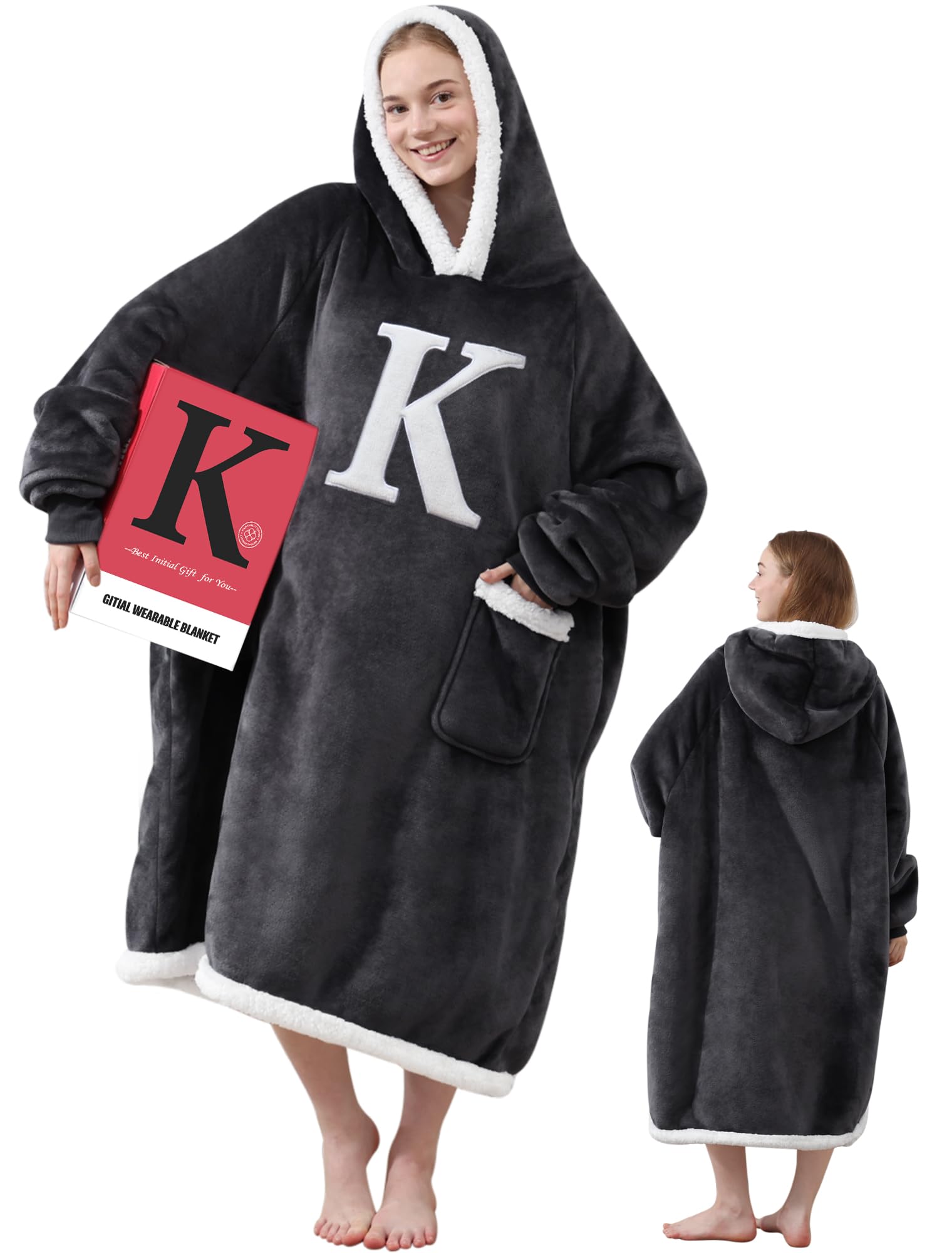 Personalized Monogrammed Wearable Blanket Hoodie - Custom Initial A-Z, Soft Fleece Sweatshirt Blanket for Women, Girlfriend, Mom & Wife | Cozy Loungewear for Home, Netflix Nights & Birthday Gifts