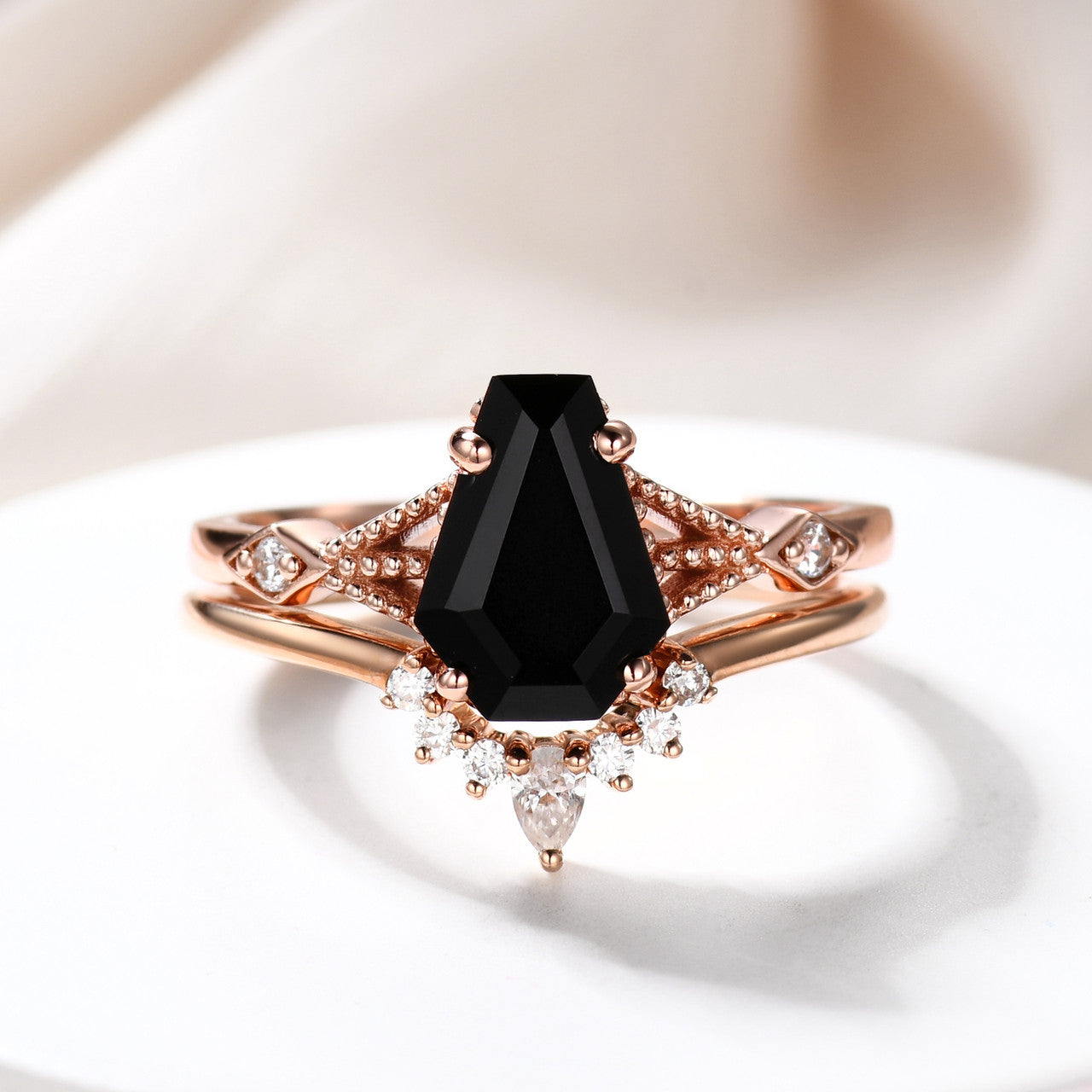 14K Rose Gold Coffin Black Spinel Diamond Wedding Ring Set - 9x6mm Coffin Shaped Onyx Engagement Ring for Women - Perfect for Bridal, Anniversary & Gothic Jewelry Lovers