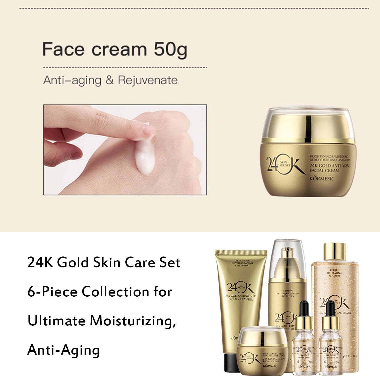 24K Gold Anti-Aging Skincare Set - 6 Piece Luxury Facial Care Kit with Cleanser, Serum (2pcs), Eye Cream, Essence Milk & Toner for Women | Hydrating, Brightening & Wrinkle Reduction | Perfect for Daily Routine & Gift Giving