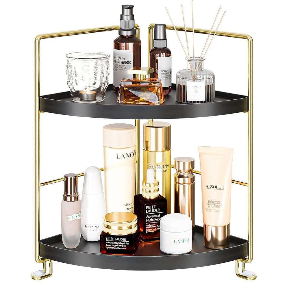 2-Tier Bathroom Corner Counter Organizer - Black Makeup Storage Shelf & Vanity Tray for Bathroom Sink Countertop | Space-Saving Cosmetic Organizer for Small Bathrooms & Vanities