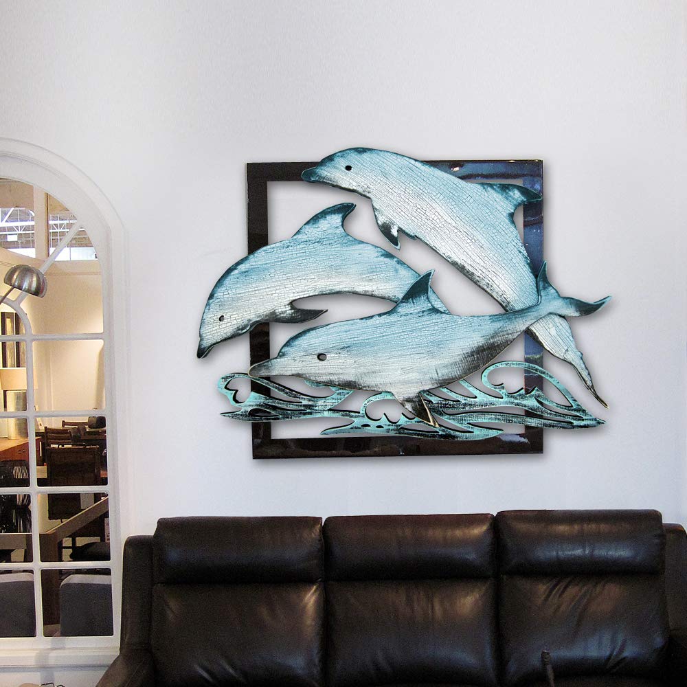 G98519S3-18 Rustic Wooden Dolphin Pod Wall Art - Coastal Beach House Decor for Living Room, Bedroom & Bathroom
