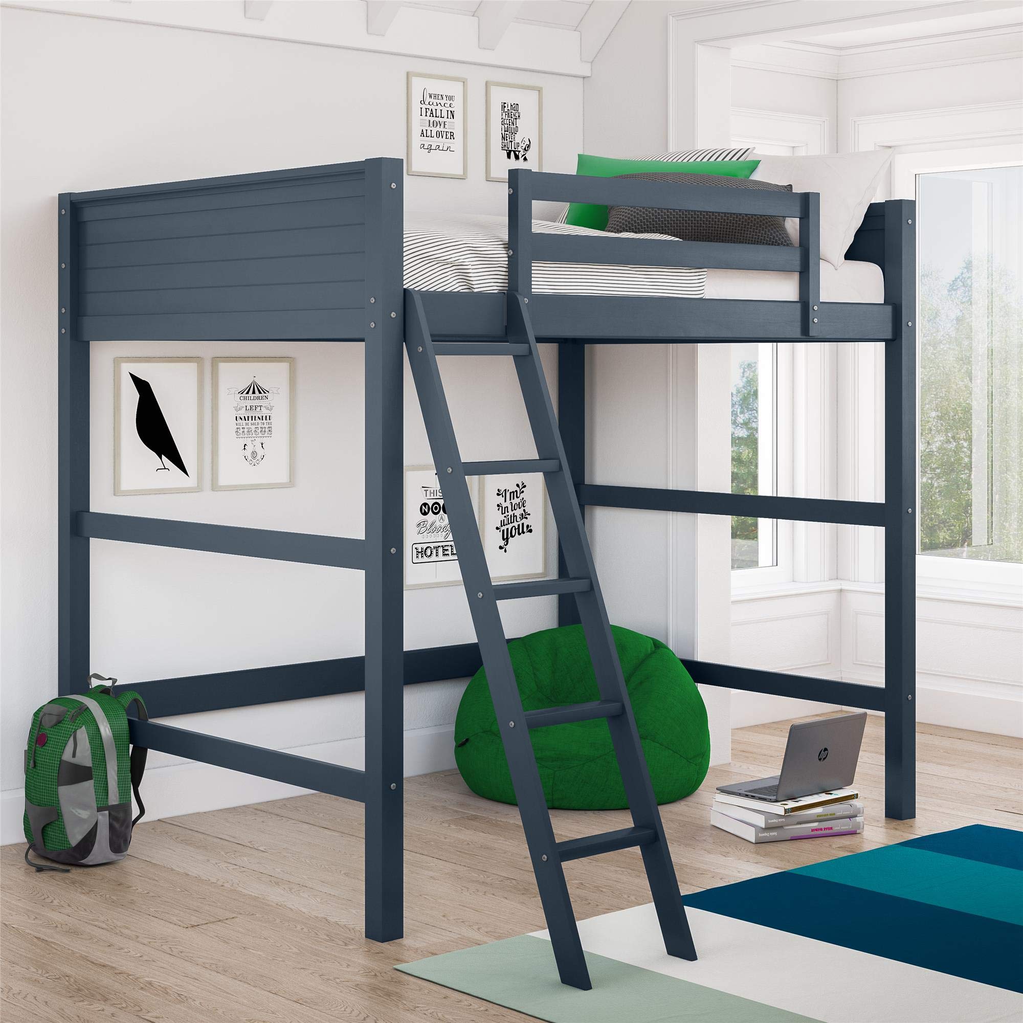 DHP Denver Full Size Loft Bed with Desk & Play Area - Blue Kids Bunk Bed with Safety Guardrails | Space-Saving Study & Sleep Solution for Small Rooms
