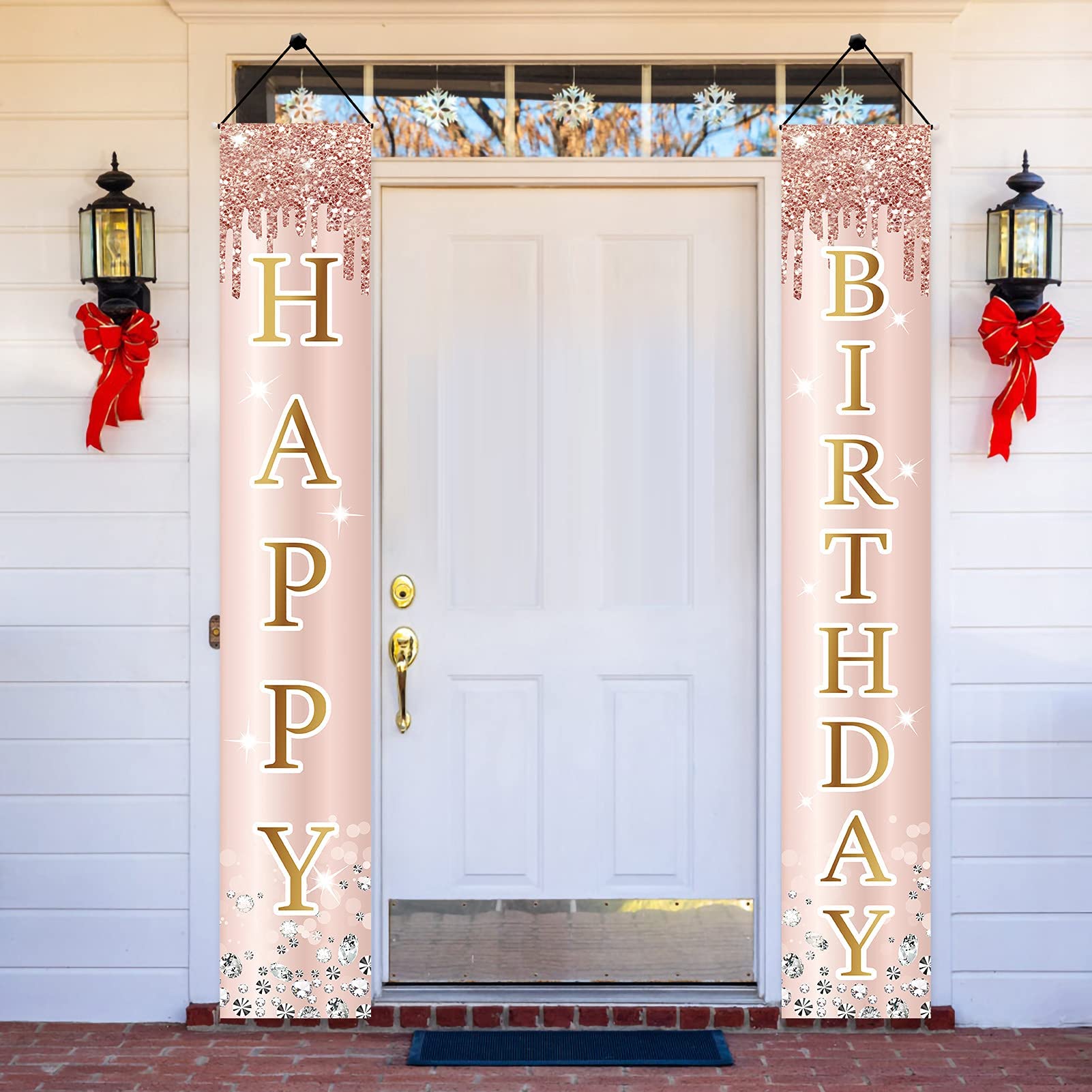 75th Birthday Decorations for Women - Pink Rose Gold Happy Birthday Banner, Backdrop Sign & Porch Party Supplies | Large 75 Year Old Celebration Decor for Milestone Birthday Parties, Anniversaries & Special Events