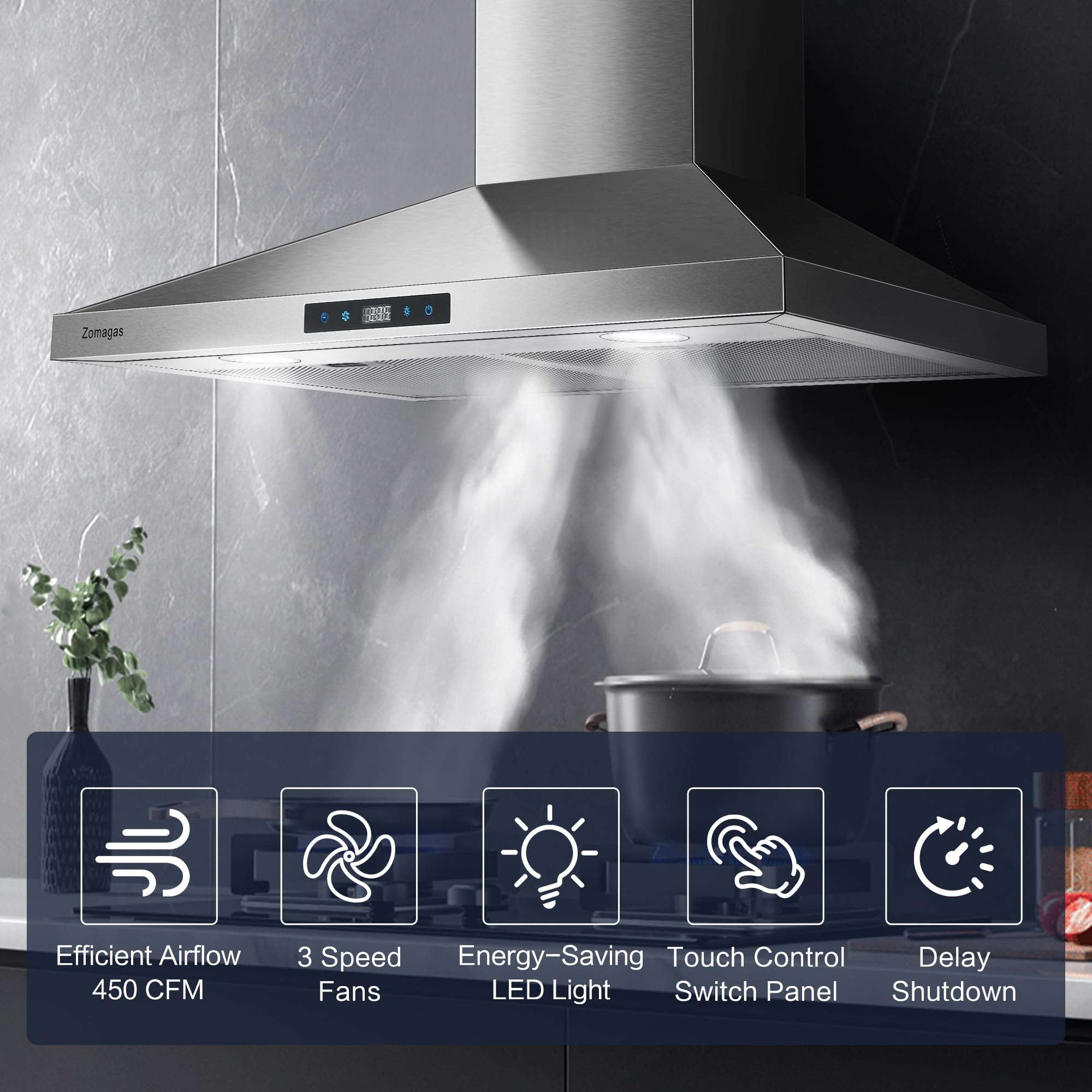 30 Inch Stainless Steel Range Hood - Wall Mount Kitchen Vent Hood with 3 Speed Settings, Touch Control & Energy-Saving LED Lights | Ducted/Ductless Convertible Design with 5-Layer Aluminum Filters | Perfect for Modern Kitchens, Restaurants & Open-Concept Homes