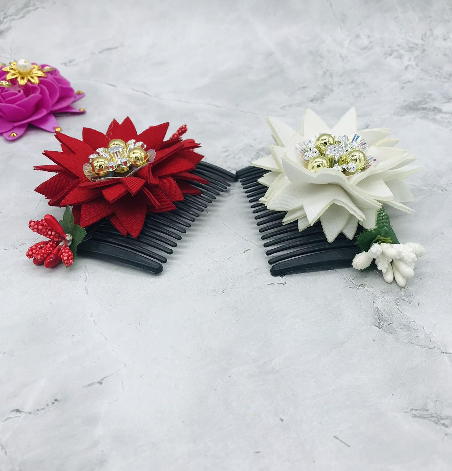 Gadinfashion™ Acrylic Hair Comb with Cloth Flower Design - 2 Pack Side Combs for Women & Girls (Red & White) - Perfect for Weddings, Parties & Everyday Hair Accessories