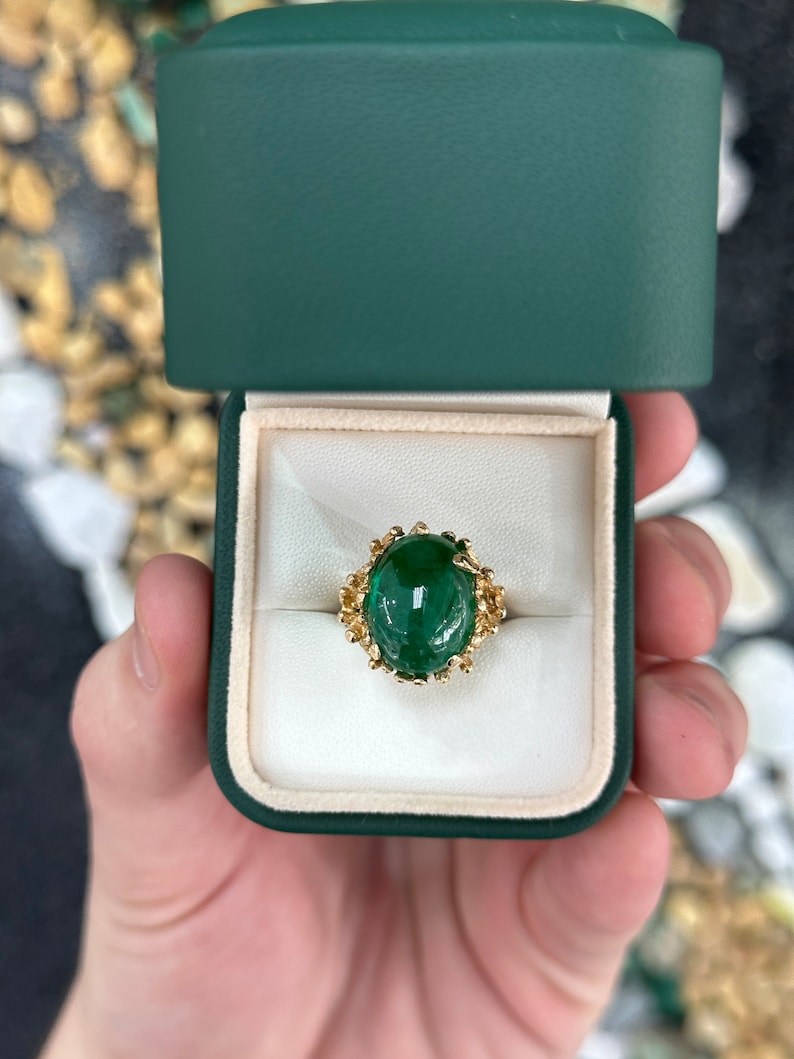 12ct 14K Gold Zambian Emerald Ring - Natural Dark Green Oval Cabochon Cut Solitaire Statement Jewelry for Women, Perfect for Weddings, Anniversaries & Special Occasions