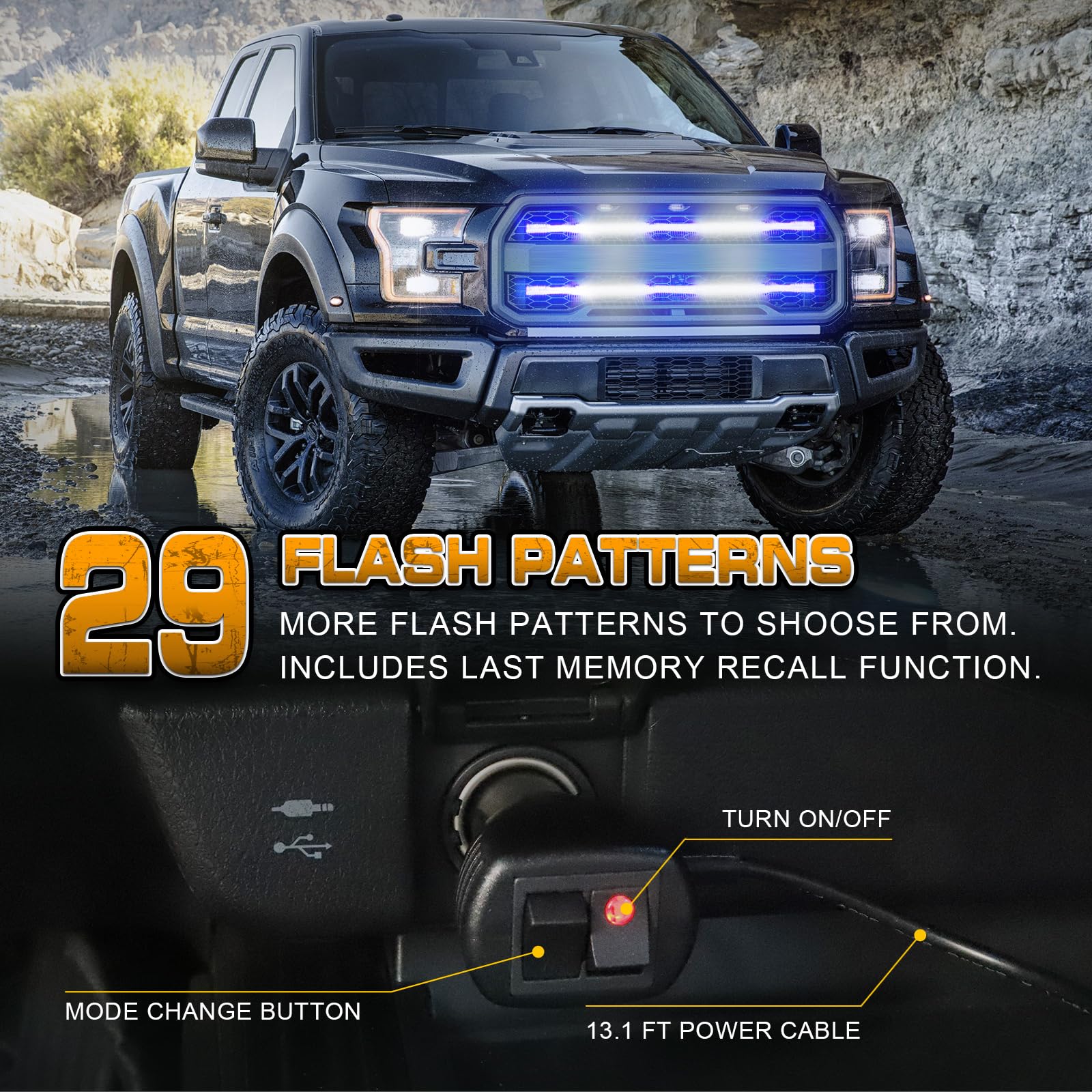 XRIDONSEN 2PCS 30-Inch Blue White LED Emergency Grill Lights - 360° Strobe Warning Safety Lights for Trucks, Police & Firefighter Vehicles - Perfect for Tailgate, Rear Window & Grille Installation - Enhance Visibility for First Responders & Emergency Scenes