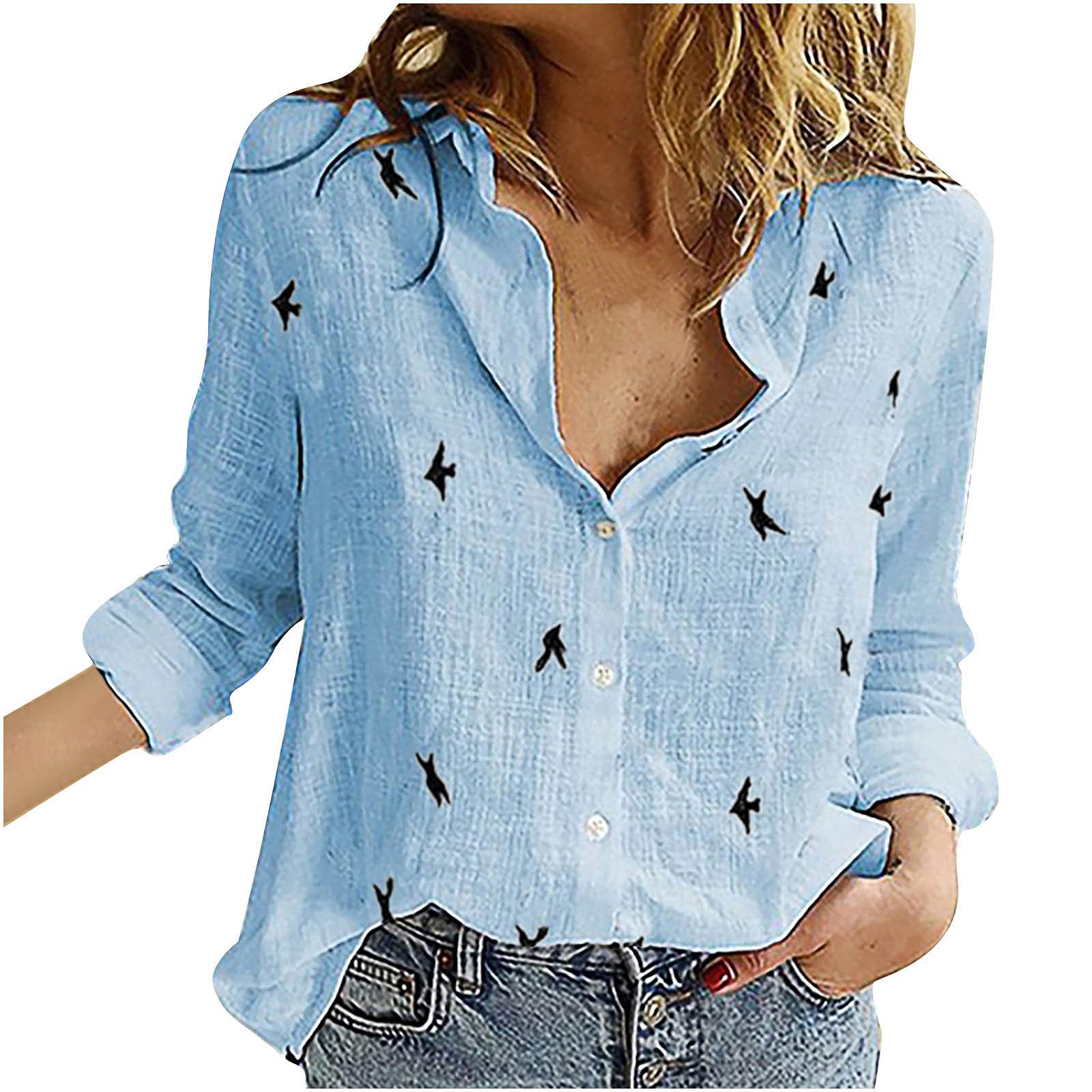 Elegant Women's Blouses & Tops - Fashionable Bird Print Lapel Long Sleeve Button Down Shirts - Loose Fit Dressy T-Shirts for Women - Perfect for Office, Date Night & Casual Outings