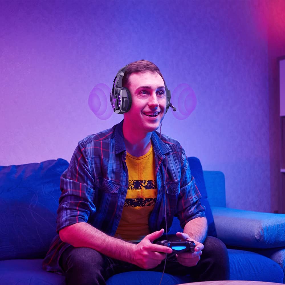 BENGOO G9000 Wired Gaming Headset with Microphone - Noise Cancelling Over-Ear Headphones for PS5, PS4, Xbox One, PC - RGB LED Lights & Soft Memory Foam Earmuffs (Purple) - Perfect for Competitive Gaming, Streaming & Online Meetings