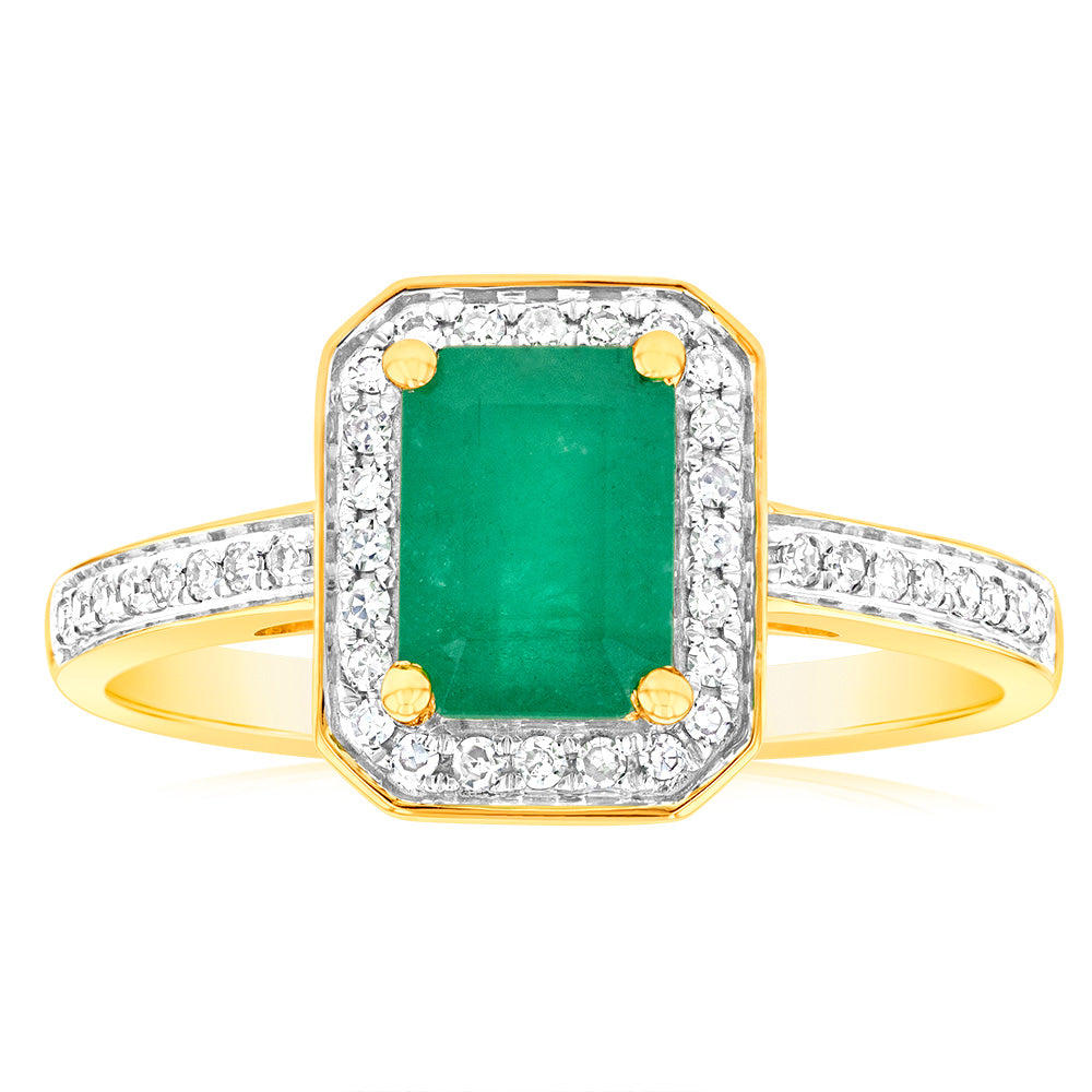 9ct Yellow Gold 1ct Natural Emerald and 0.15 Carat Diamond Ring for Women - Elegant Vintage Style Jewelry for Engagement, Anniversary & Special Occasions