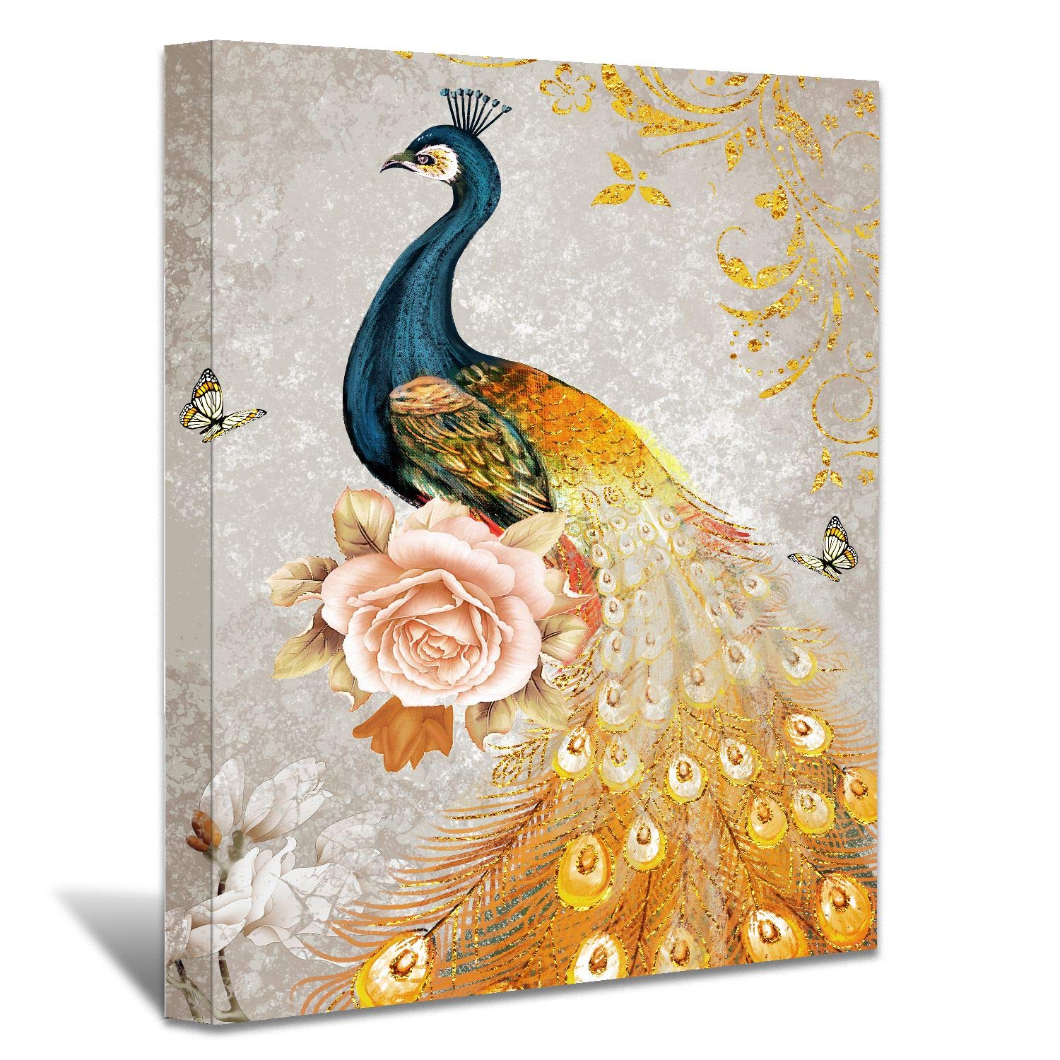 Looife 30x40 Inch Blue Peacock Canvas Wall Art - Hand Painted Yellow Tail Feather Giclee Print for Living Room, Bedroom & Bathroom Decor | Perfect for Home, Office & Gift Giving
