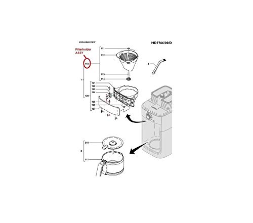 Original Philips Coffee Filter Holder Basket Assembly - Compatible with HD7761 HD7762 HD7765 HD7766 HD7767 HD7768 HD7769 Models - Replacement Part 996510064722 - Perfect for Home & Office Coffee Brewing