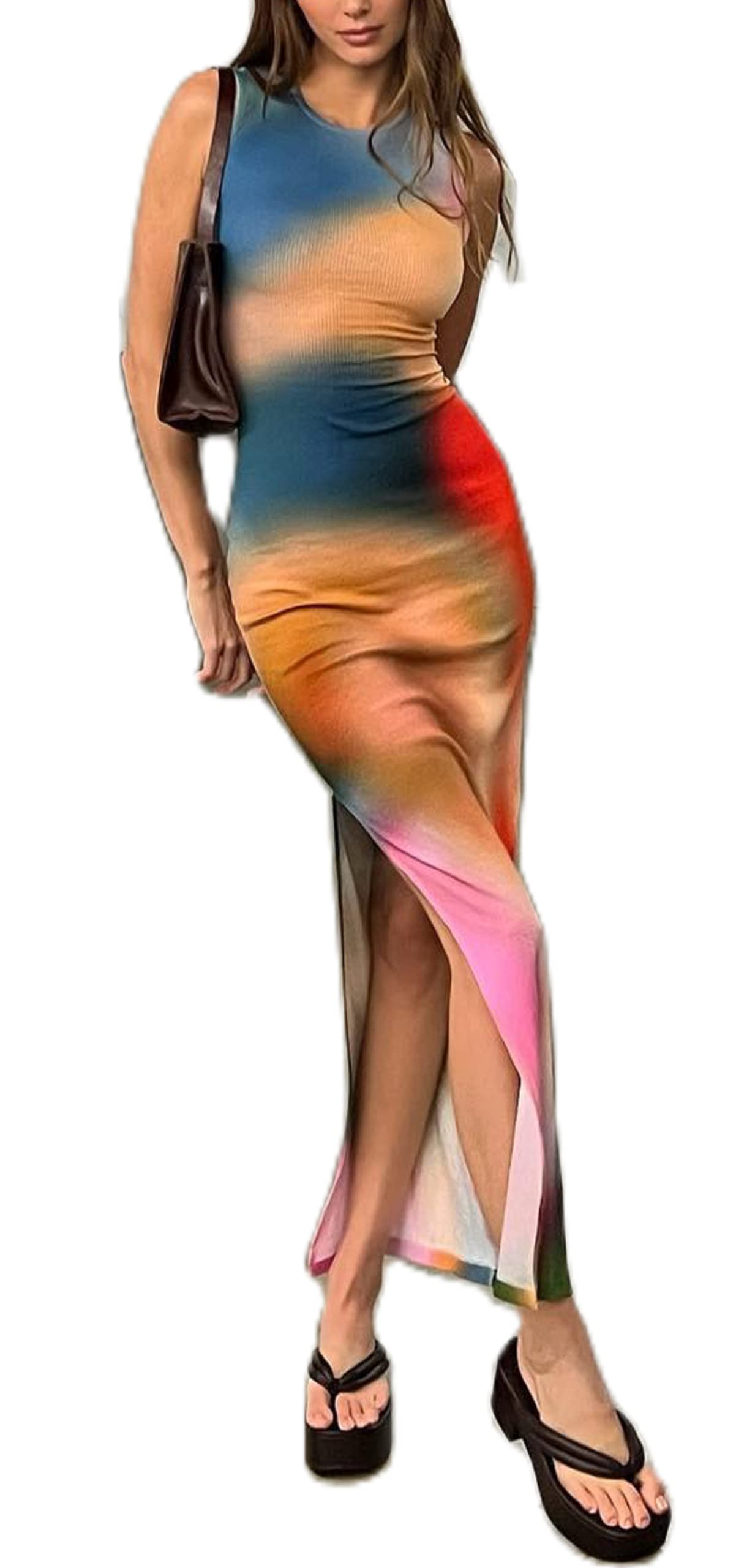 Vintage Y2K Tie Dye Bodycon Maxi Dress - Women's Hollow Out Split Long Dress with Sexy Streetwear Style | Perfect for Summer Festivals, Beach Vacations & Night Out Parties