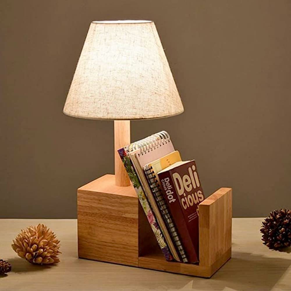 Artica Wooden Table Lamp with Fabric Shade - E27 Holder Bedside Desk Lamp for Living Room, Bedroom & Study | Night Reading & Home Office Lighting