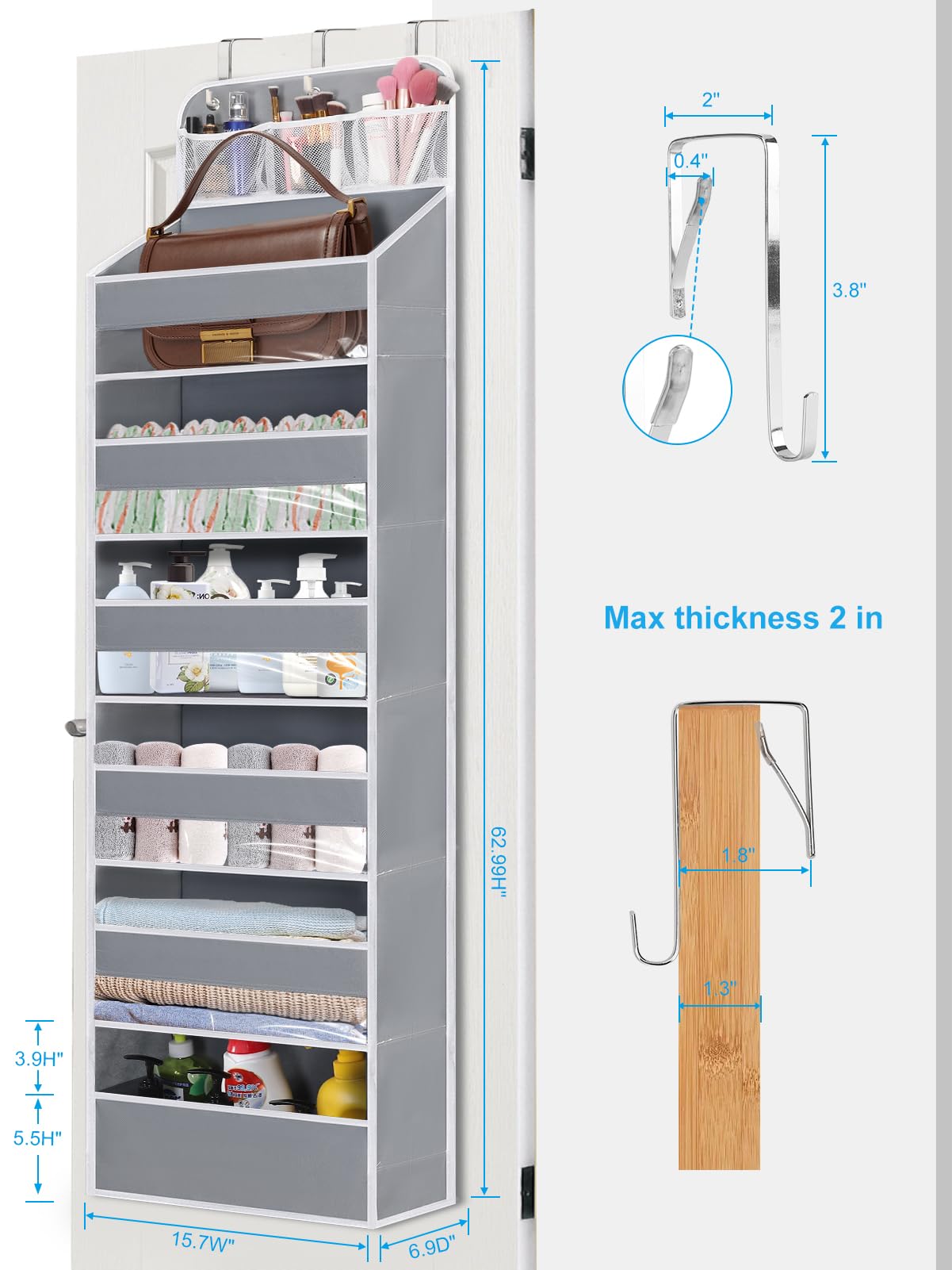 Over Door Hanging Organizer with 6 Large Pockets - Baby Closet Storage for Diapers, Toys & Shoes | No Tilt Design for Nursery, Bedroom & Bathroom Organization | Perfect for Newborn Essentials & Kids Room Storage