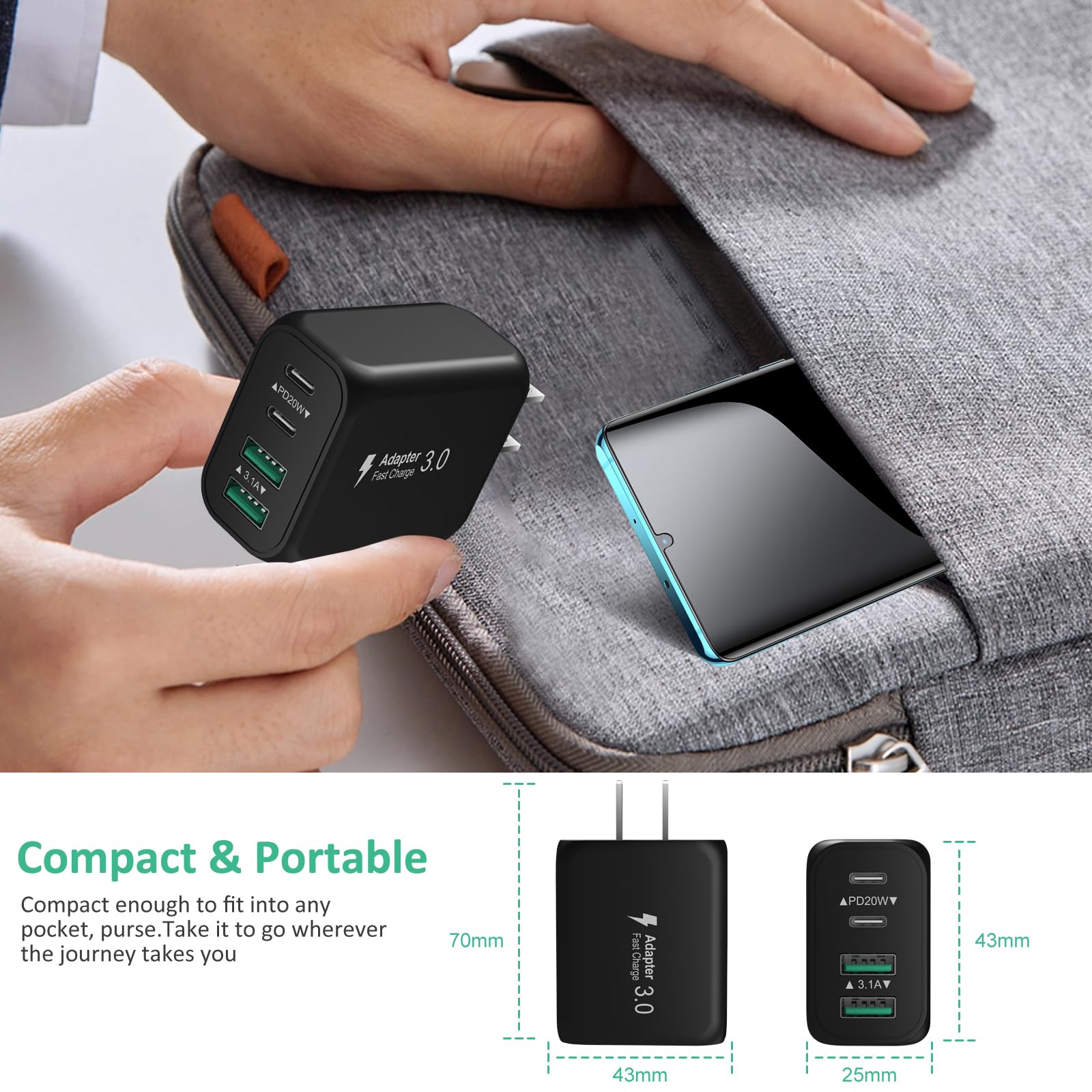 40W USB C Fast Charger Block 2-Pack with 6FT USB C to C Cable - 4-Port Wall Charger for iPhone 16/15/14/13 Pro Max, iPad, iWatch, Samsung Galaxy - Perfect for Home, Office & Travel Charging Multiple Devices Simultaneously