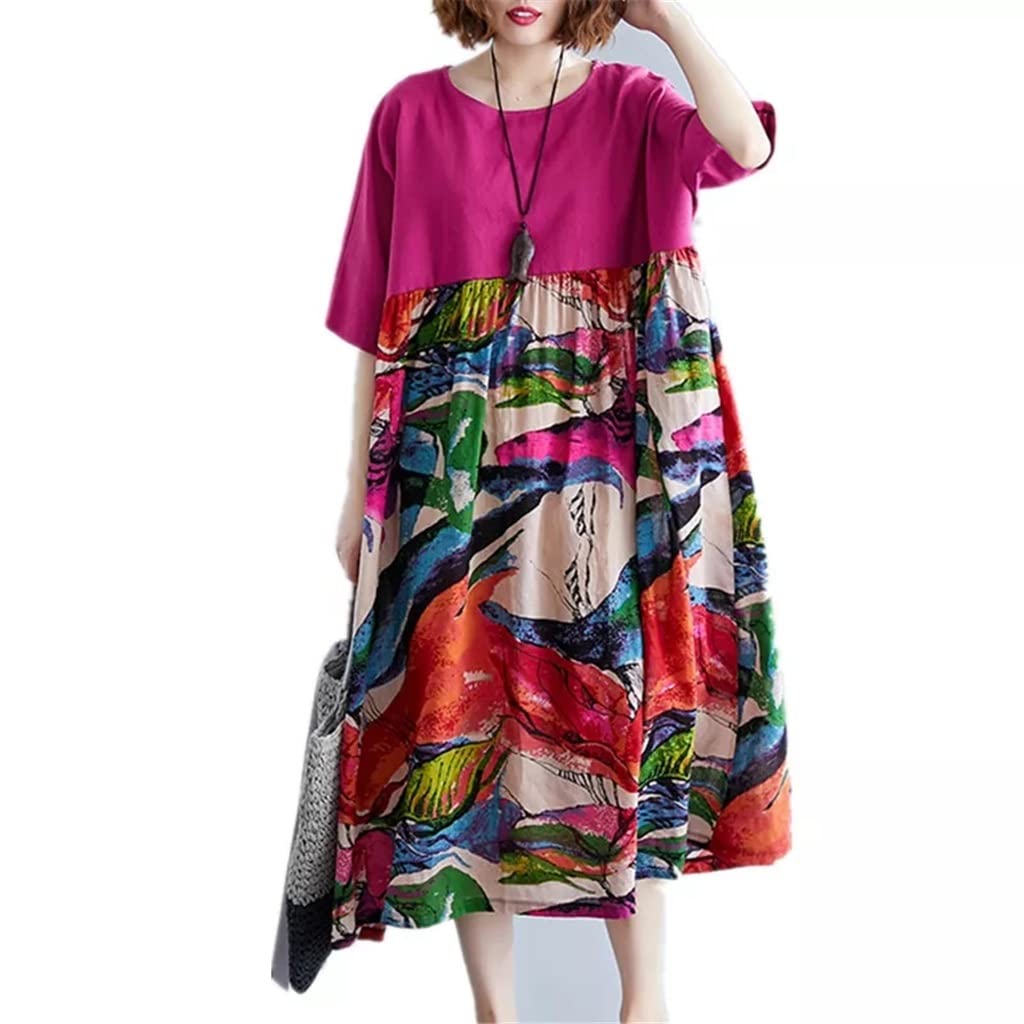 WALNUTA Women's Floral Patchwork Maxi Dress - Loose Fit Long Cotton Linen Summer Dress for Casual Wear | Beach Vacation, Boho Outfits & Everyday Comfort