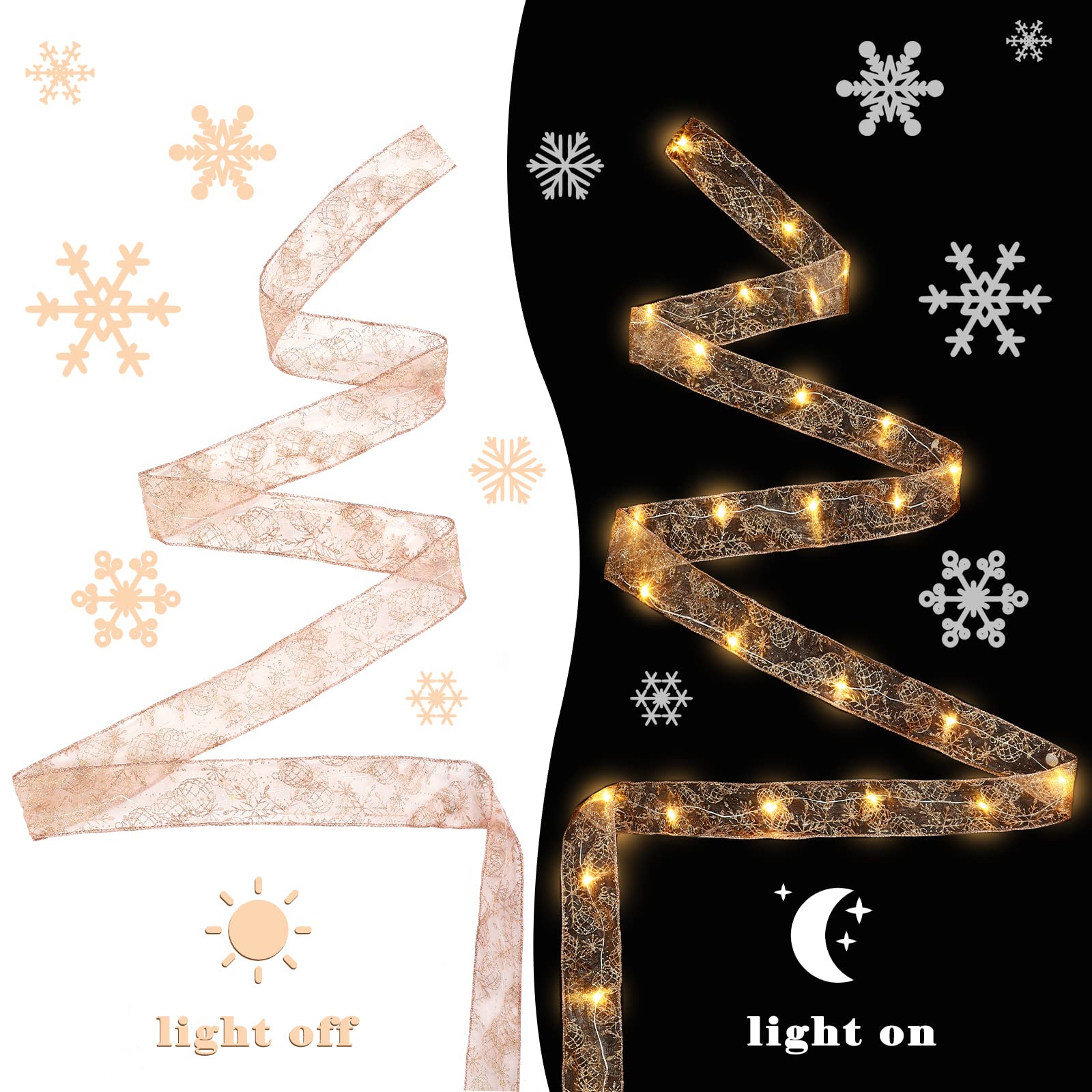 Honoson 2 Pack 32.8ft Rose Gold LED Christmas Ribbon Lights with Snowflake Ornaments - Waterproof Fairy String Lights for Indoor/Outdoor Christmas Tree, Wedding, Garden, and New Year Decorations - Perfect for Holiday Parties, Home Decor, and Festive Celebrations