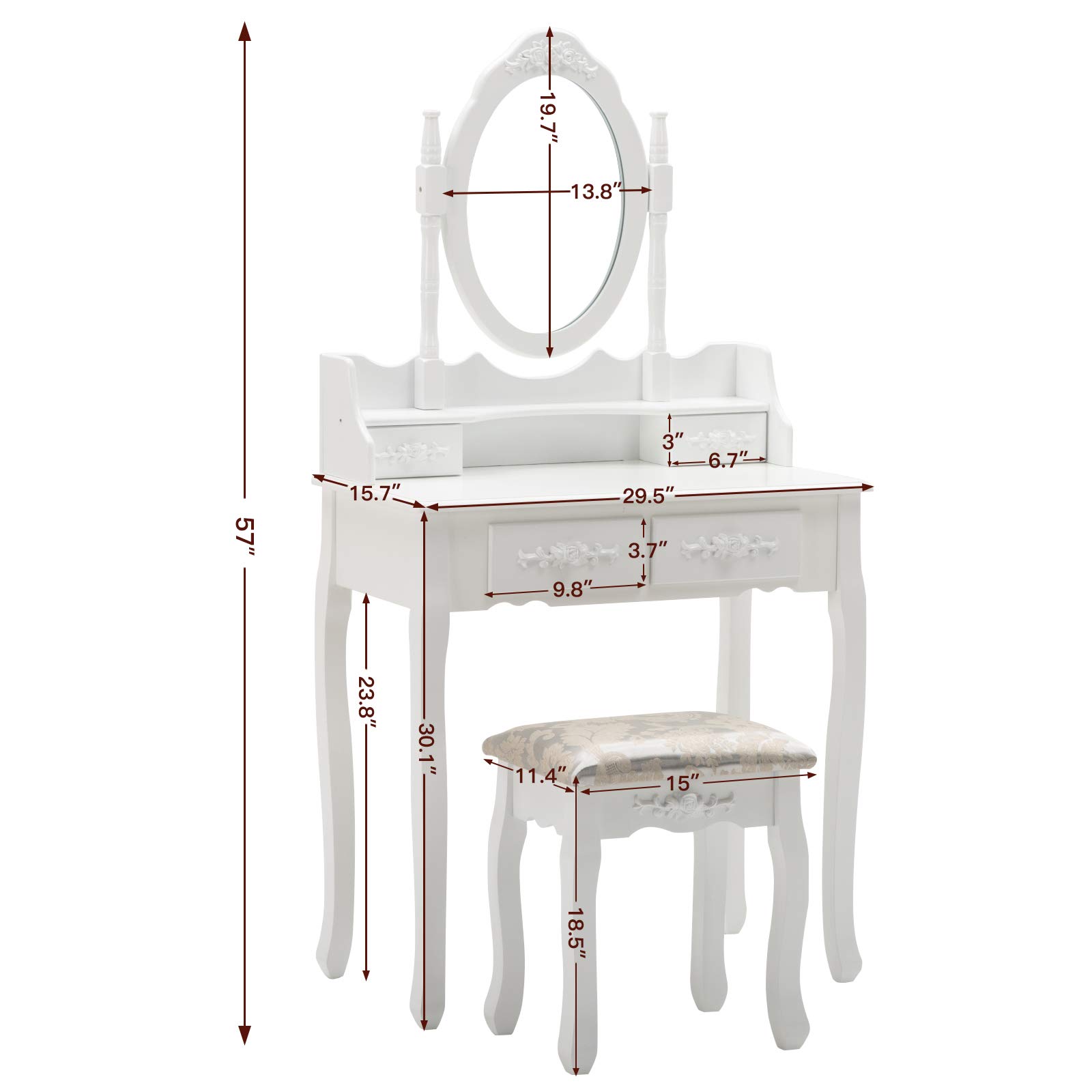 HONBAY White Makeup Vanity Table Set with Oval Mirror, 4 Drawers & Cushioned Stool - Perfect Dressing Table for Bedroom, Bathroom, or Beauty Salon