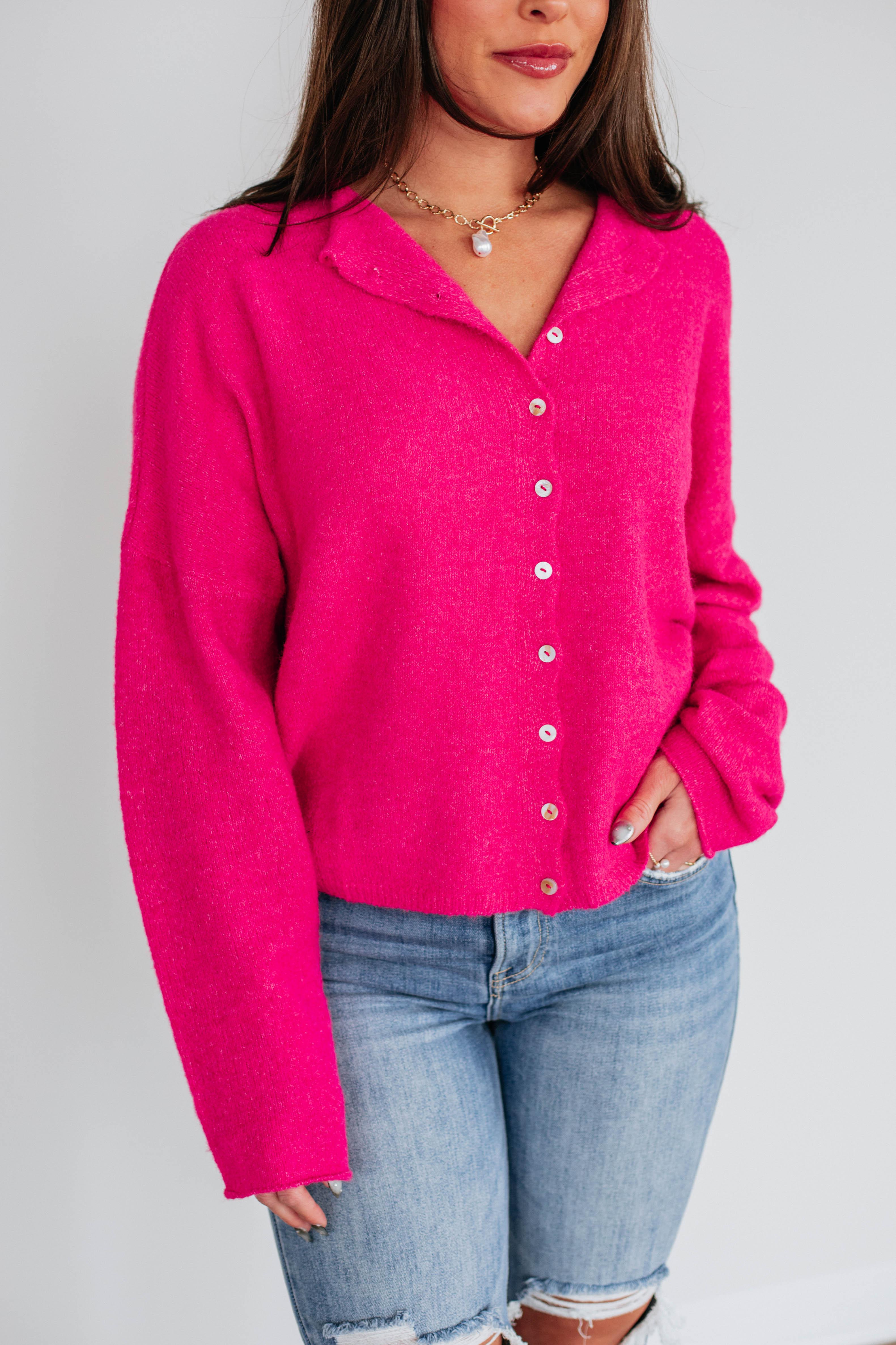 Brooke Cardigan Women's Fuchsia Pink Knit Sweater - Cozy & Stylish for Fall & Winter Outfits