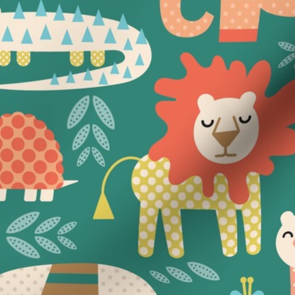 Jungle Fun Large Birds & Animals Printed Organic Cotton Sateen Fabric by The Yard - Lion, Zebra, Monkey, Giraffe Design for Sewing, Quilting, Apparel & Home Decor | Perfect for DIY Projects, Kids' Clothing & Nursery Decor