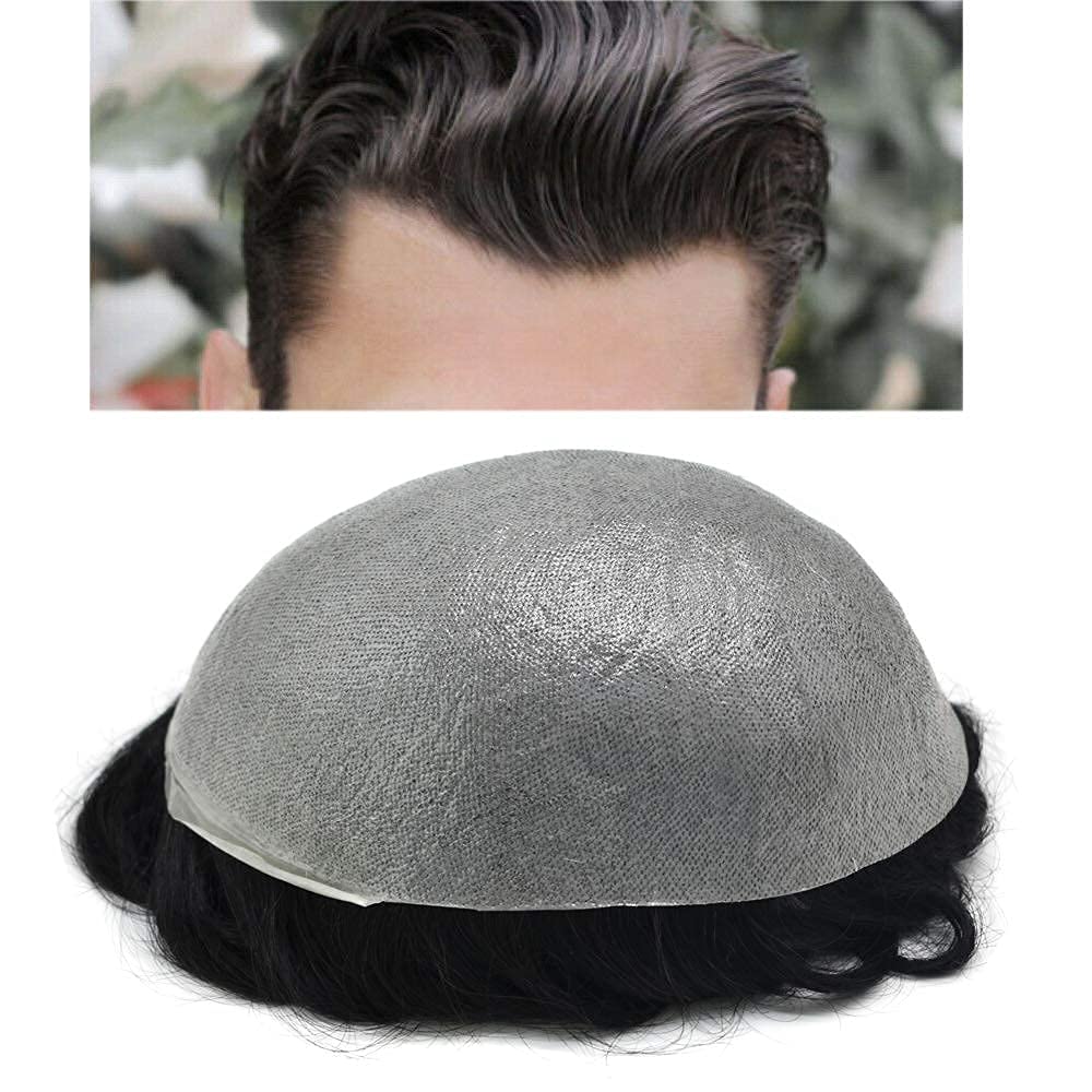 Ultra Thin Skin Men's Toupee - Invisible V-Loop 0.03mm Poly Hair Replacement System - Natural Black with 20% Gray (8x10 Inch) - Light Density Human Hair Wig for Men - Perfect for Daily Wear, Work & Special Occasions