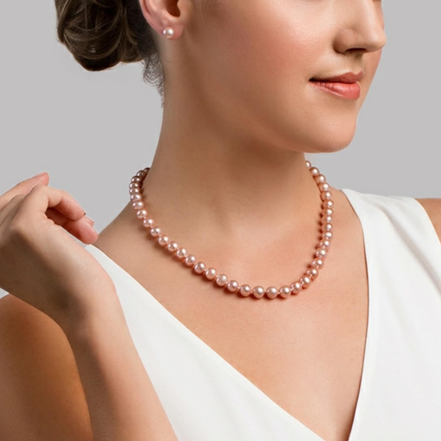 14K Gold 7-8mm Round Pink Freshwater Pearl Necklace & Earrings Set - 18