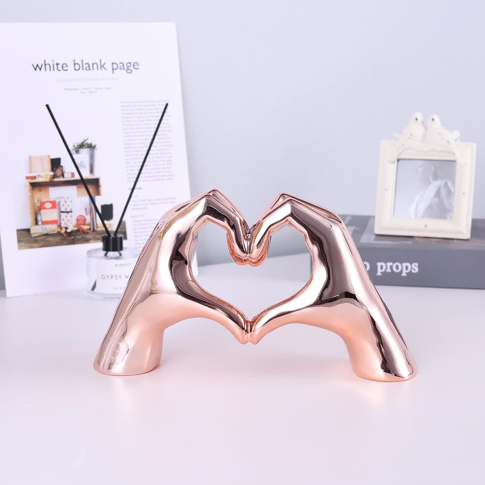 Pink Heart and Hand Sculptures - Bohemian Home Decor Statues for Wedding, Living Room, Bedroom, Office & Coffee Table | Unique Bookshelf & Edgy Room Decor