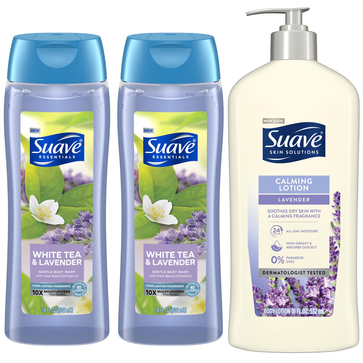 Suave White Tea & Lavender Body Wash and Lotion Set - 2 Pack, 18 Oz Each with Vitamin E - Gentle Moisturizing for Dry Skin - Perfect for Daily Shower, Spa Day & Relaxation at Home