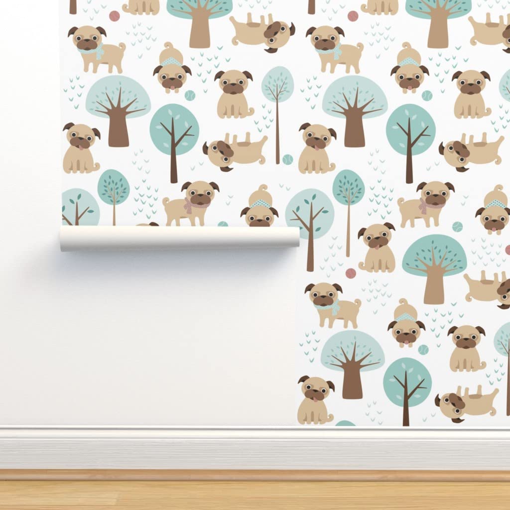 Removable Wallpaper Swatch - Pugs Park Pug Dog Pet Animals Cute Year Custom Pre-Pasted Wallpaper by Spoonflower | Perfect for Nursery, Bedroom & Home Decor