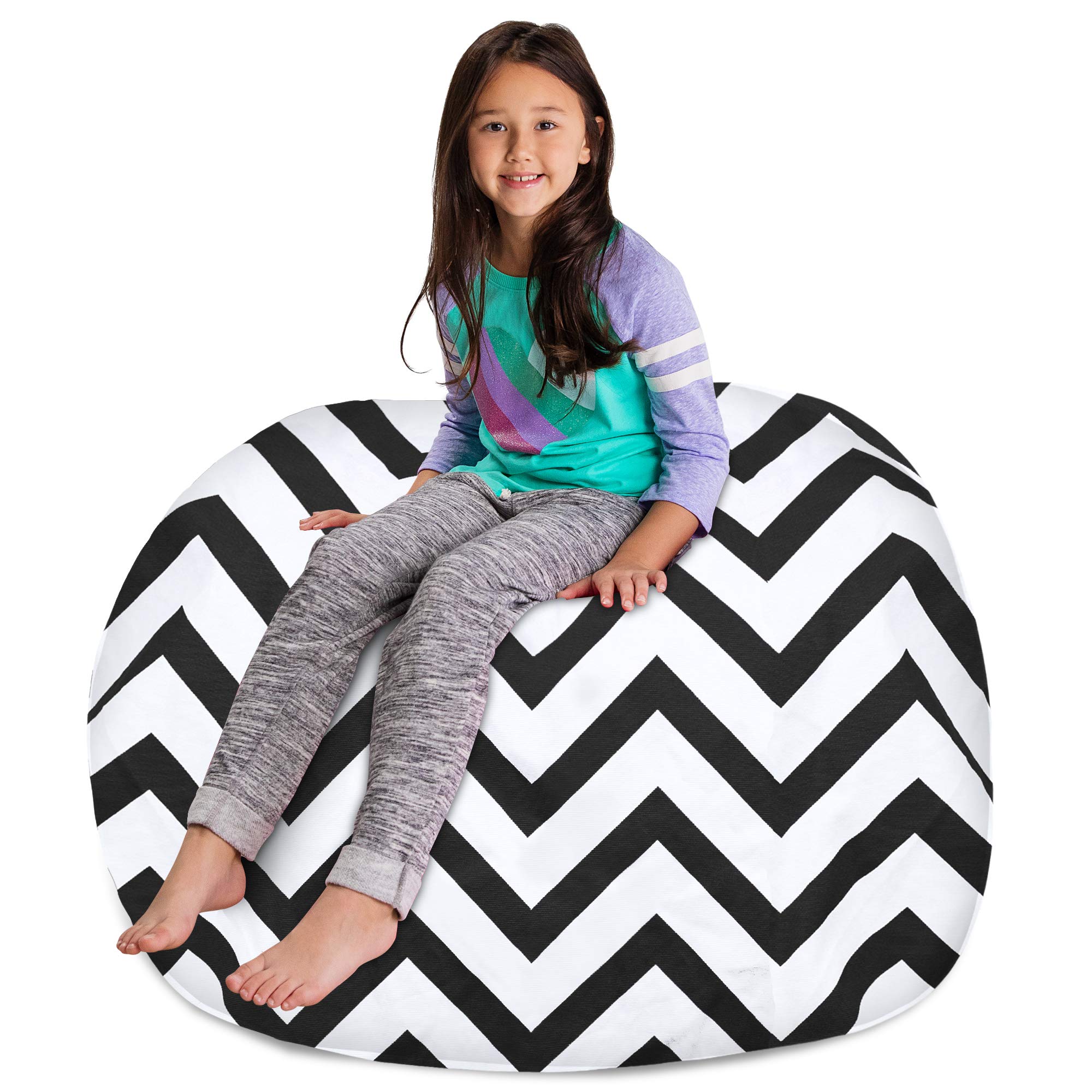 Posh Creations Kids Stuffed Animal Storage Bean Bag Chair Cover - XL 48in Toy Organizer for Children's Room, Durable Canvas Chevron Black & White Design - Perfect for Playroom, Bedroom & Nursery Organization