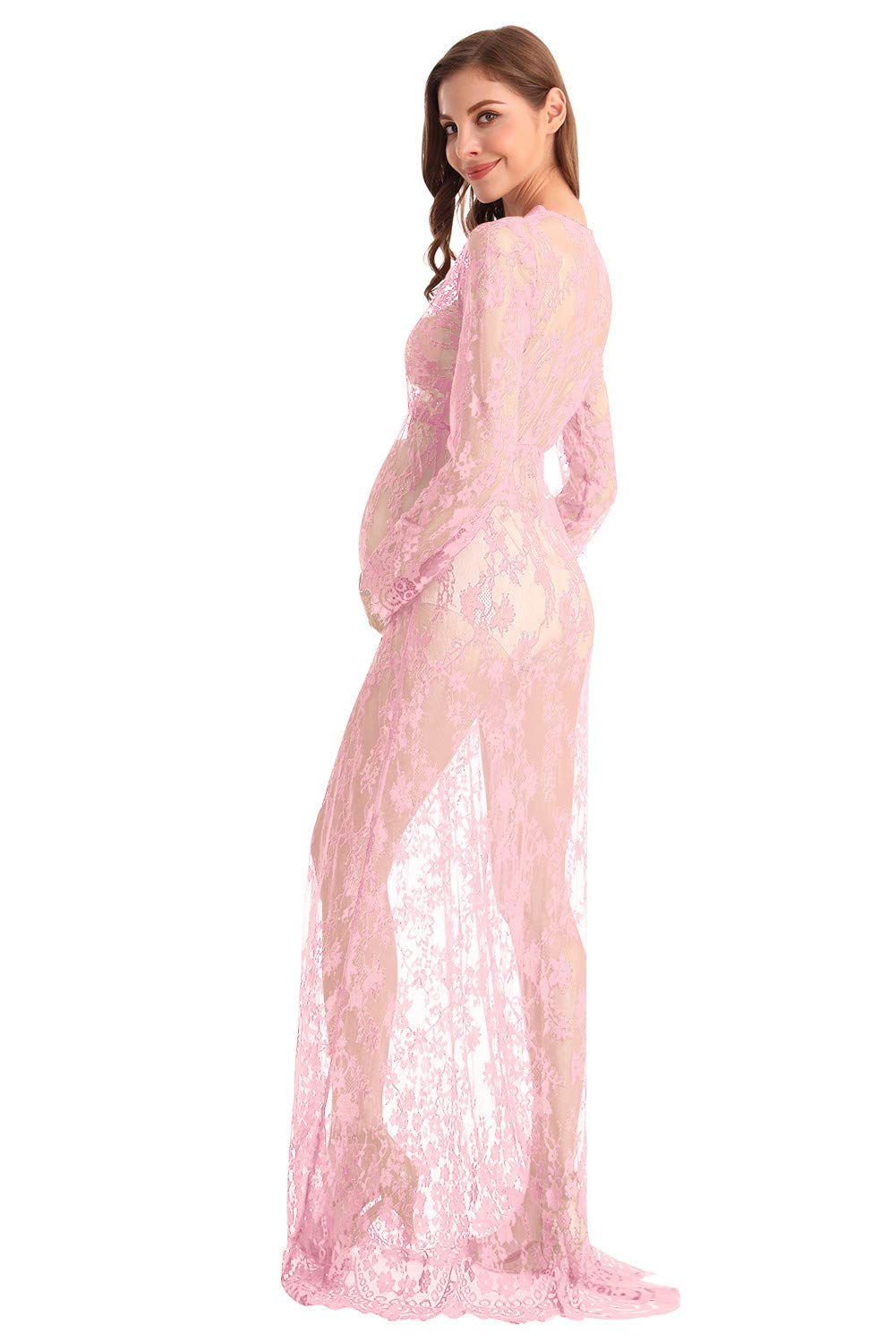 Sexy Lace Maternity Dress for Boudoir Photography - Long Sleeve Deep V-Neck Nursing Gown for Milk Bath & Pregnancy Photoshoot - Elegant Lingerie Robe for Women's Nightwear & Bridal Shower