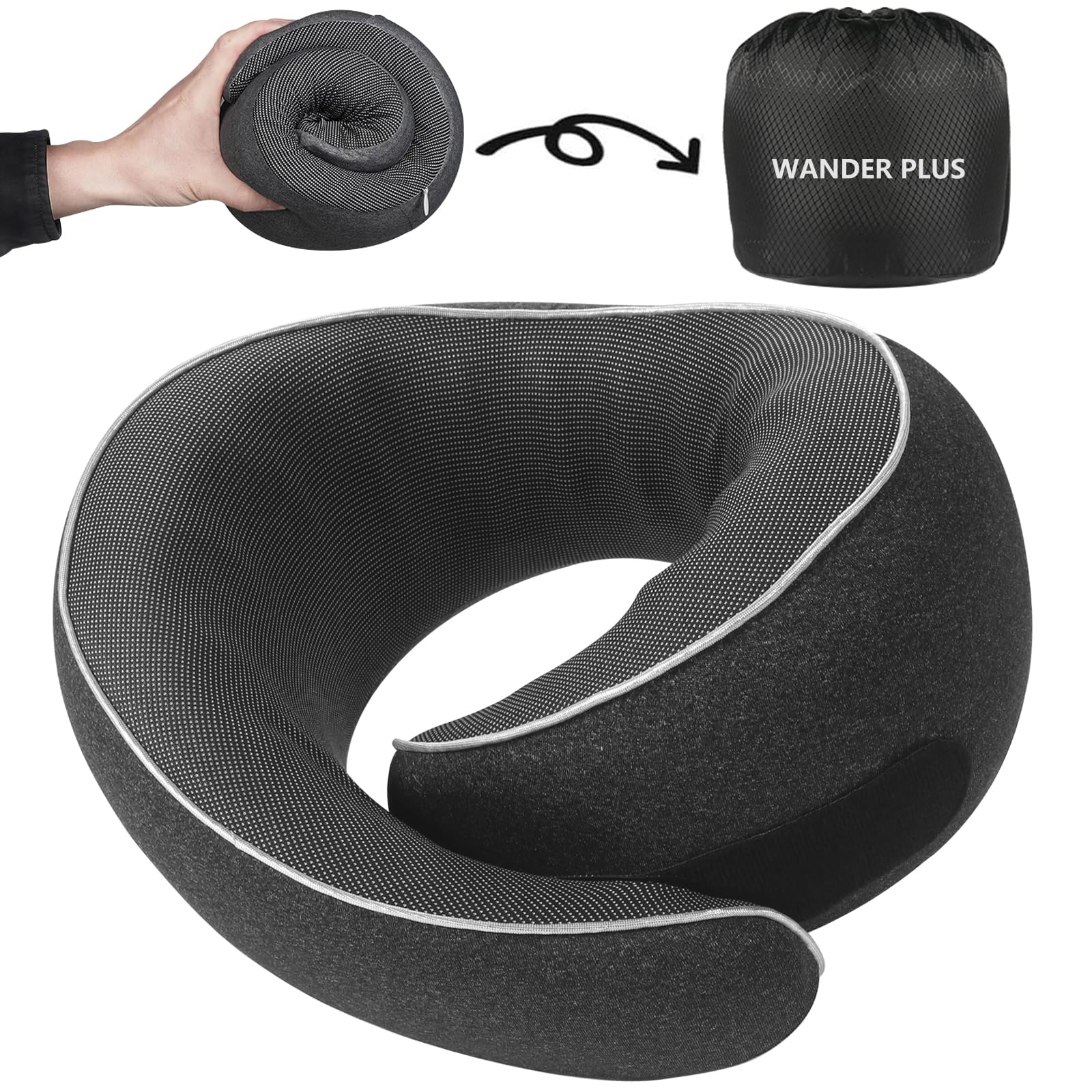 WANDER PLUS® Genuine Memory Foam Travel Neck Pillow - 100% Pure Support for Airplane, Car & Airport Sleeping - Breathable Cover with 360° Support - Compact & Stowable - Perfect for Long Flights, Road Trips & Travel Comfort (Black)
