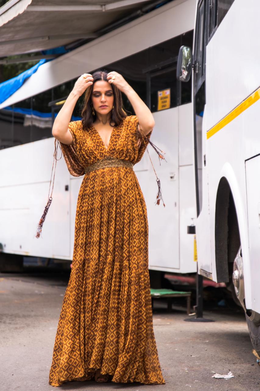 Neha Dhupia Women's Ethnic Basket Weave Print Dress with Gold Embroidered Belt - Perfect for Festivals, Weddings & Special Occasions