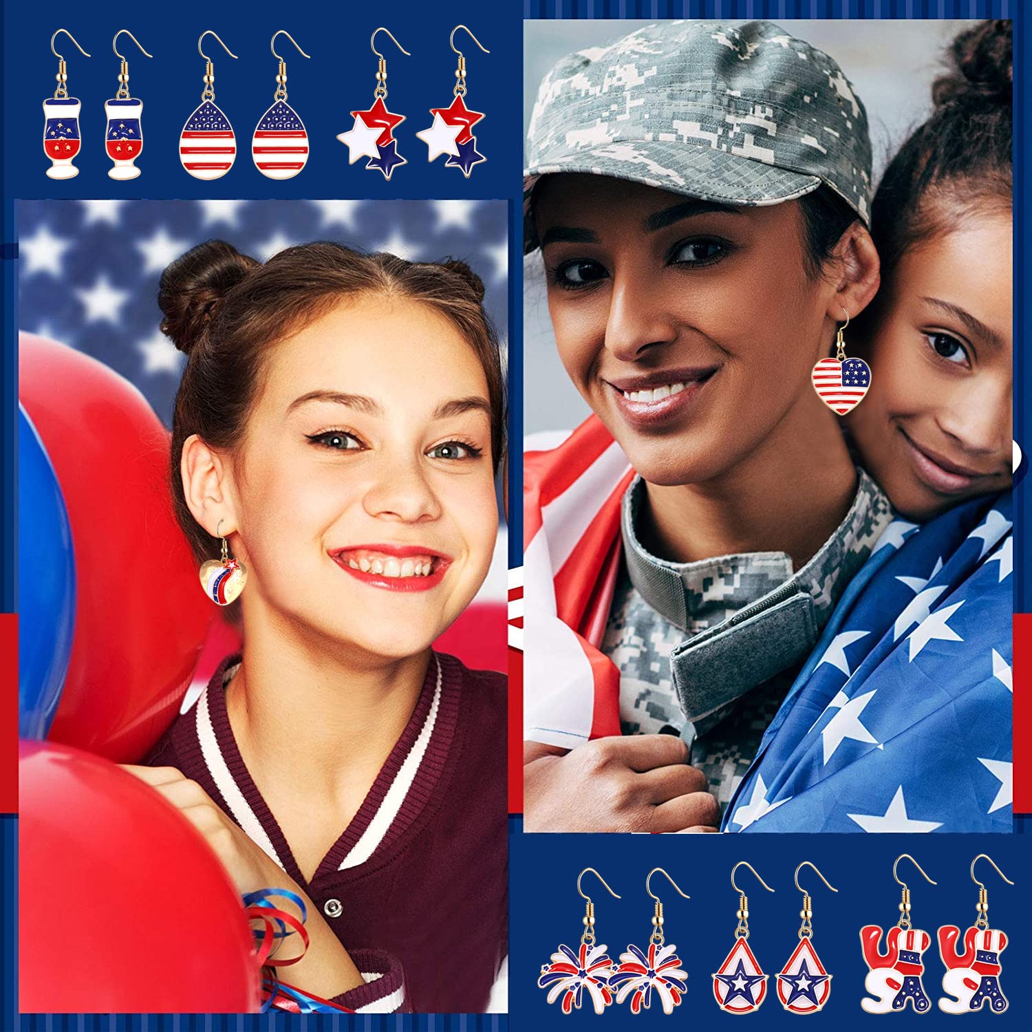 16 Pairs USA Flag Earrings for Women - Patriotic Red White Blue Star Heart Earrings | American Independence Day Jewelry | Perfect for 4th of July, Memorial Day & Patriotic Events