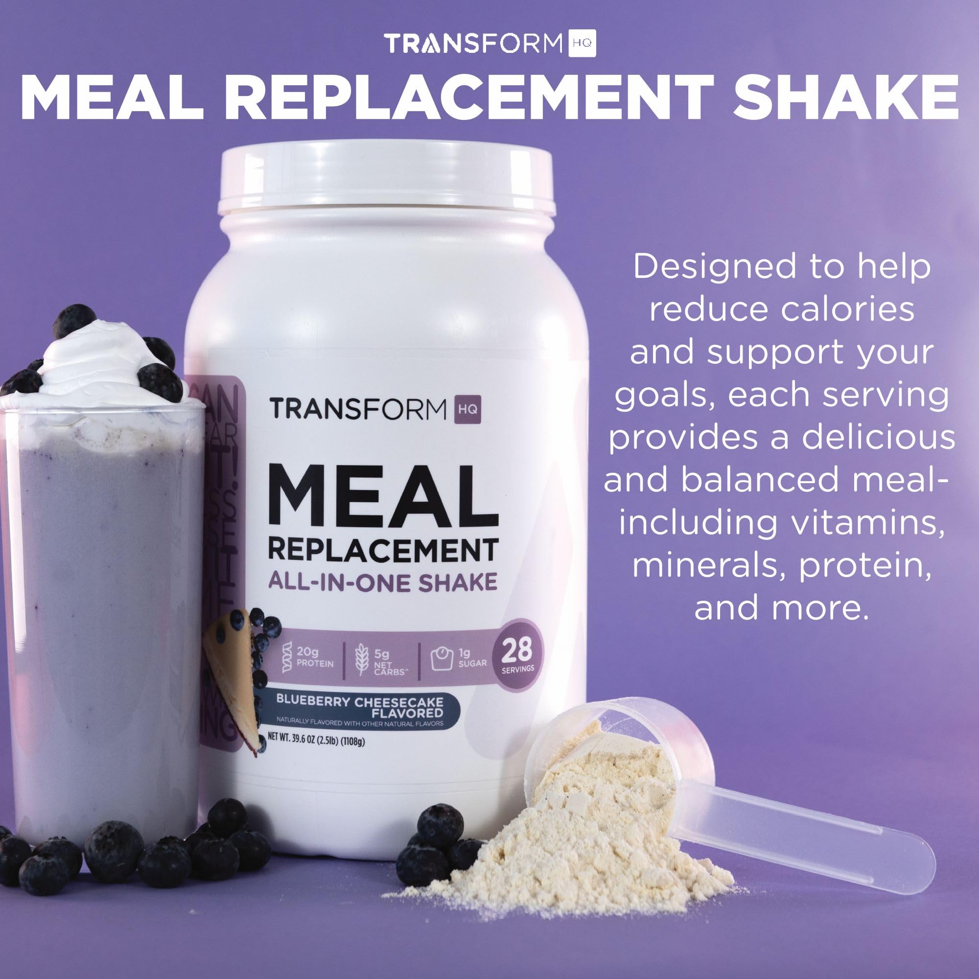 TransformHQ Meal Replacement Shake Powder - 28 Servings Blueberry Cheesecake Flavor | Gluten Free, Non-GMO Protein Shake for Weight Loss & Muscle Gain | Perfect for Breakfast, Post-Workout or On-the-Go Nutrition