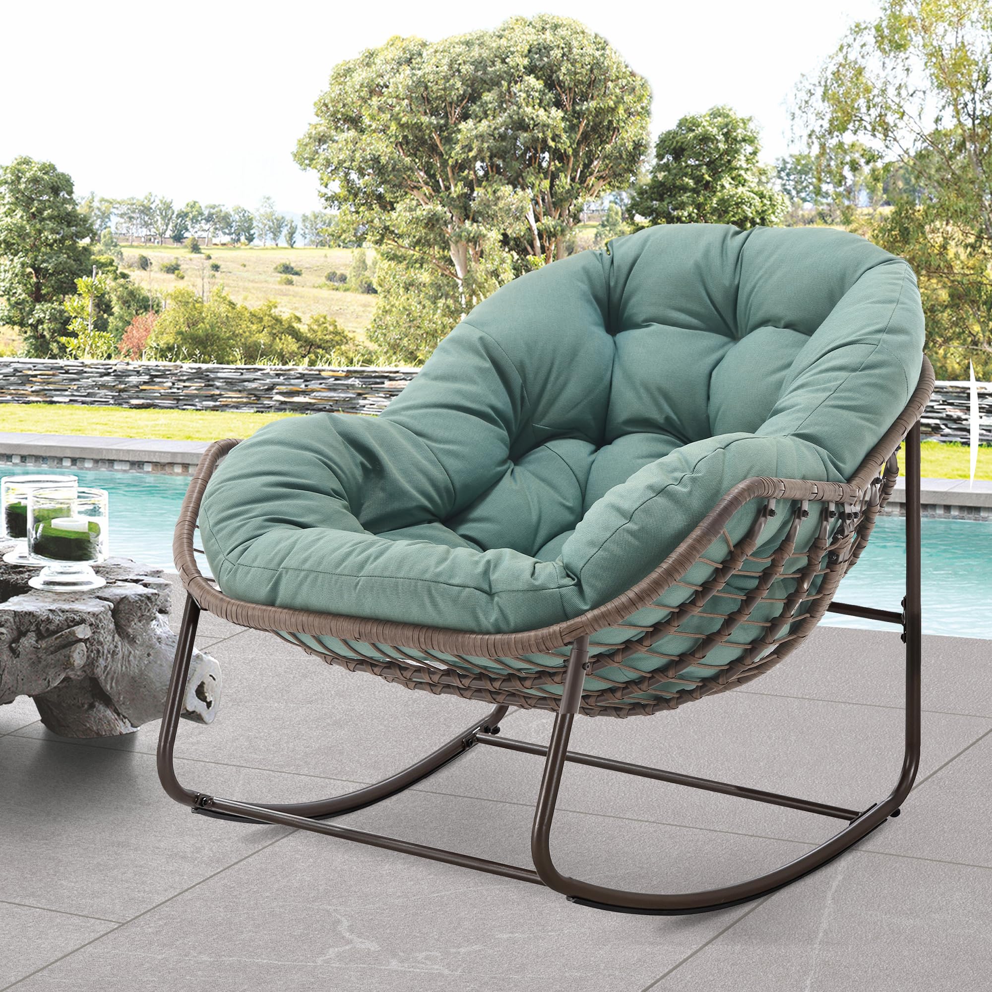**Outdoor Papasan Rocking Chair - Oversized Comfortable Patio Swing Chair with Cushion, Indoor/Outdoor Egg-Shaped Rattan Rocker for Porch, Lawn, Bedroom, Living Room - Grass Green - Perfect for Relaxing, Reading & Lounging**