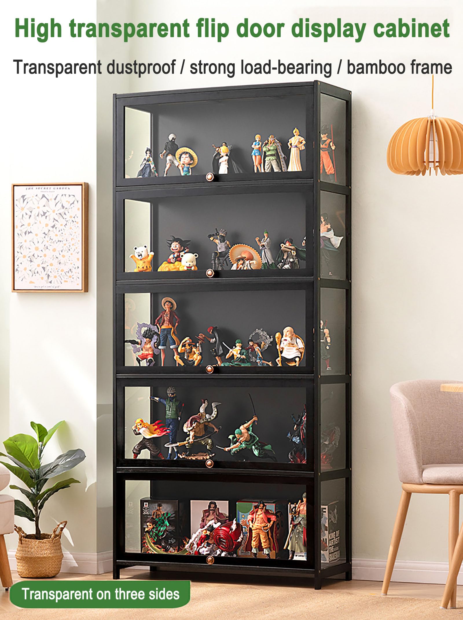 ZMHPLKH Natural Bamboo Display Cabinet with Glass Doors - Curio Cabinet, Flip-Top Design, Dust-Proof & Easy Assembly - Perfect for Living Room, Dining Room, or Office Decor