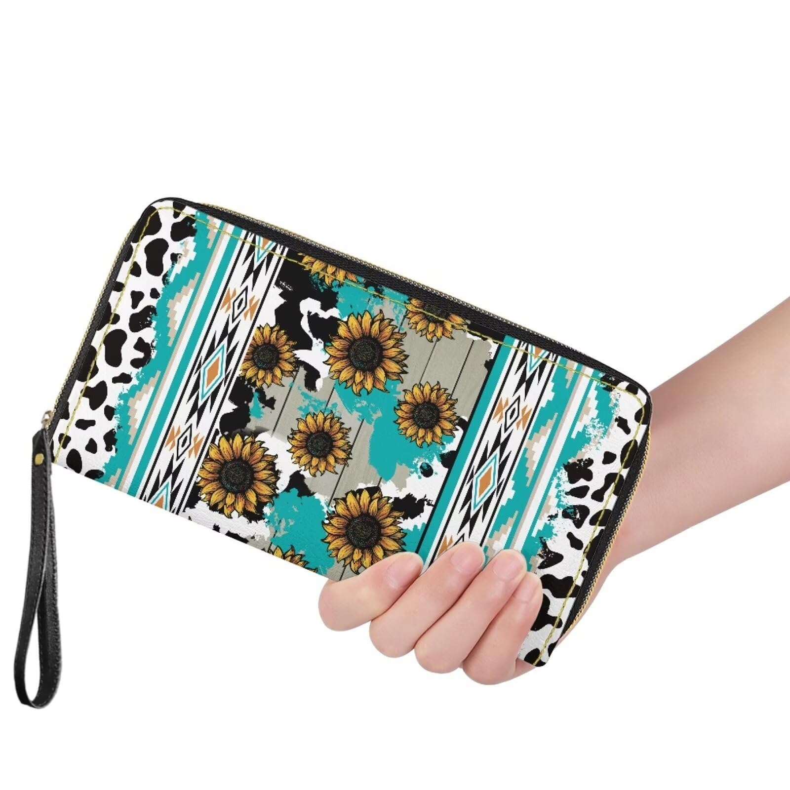 Women's PU Leather Long Zipper Wallet with Sunflower & Elephant Design - Stylish RFID Blocking Bifold Wallet for Everyday Use, Travel & Gift Giving