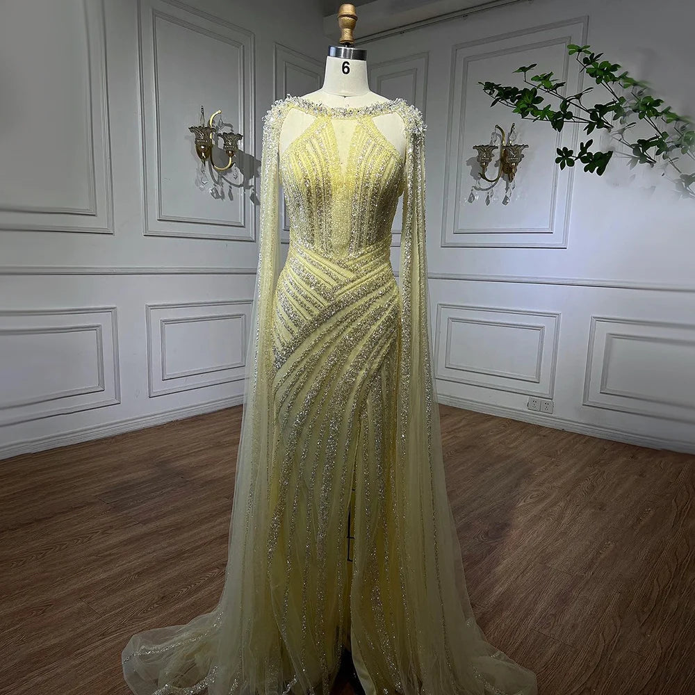 Elegant Yellow Crystal Evening Gown with Cape Sleeves - LA72085 for Prom, Gala & Formal Events